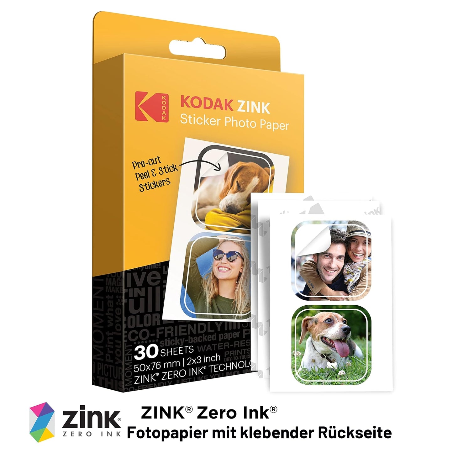 Kodak 2" x 3" Premium Zinc Pre-Cut Sticker Photo Paper (30 Sheets) Compatible with Kodak Step Printer, White, RODZ2X330C