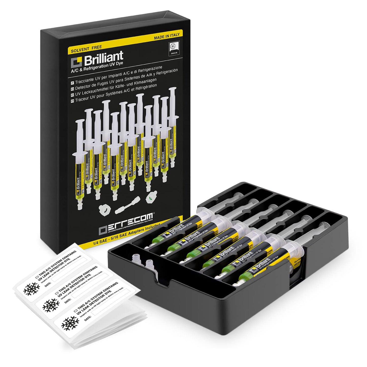 ERRECOM Brilliant - 12 x 7.5 ml, UV fluorescence tracer for detecting refrigerant leaks in car air conditioning systems, including 1/4 SAE and 5/16 SAE adapters (for R410a, R32) - TR1068.A12H3S2EC