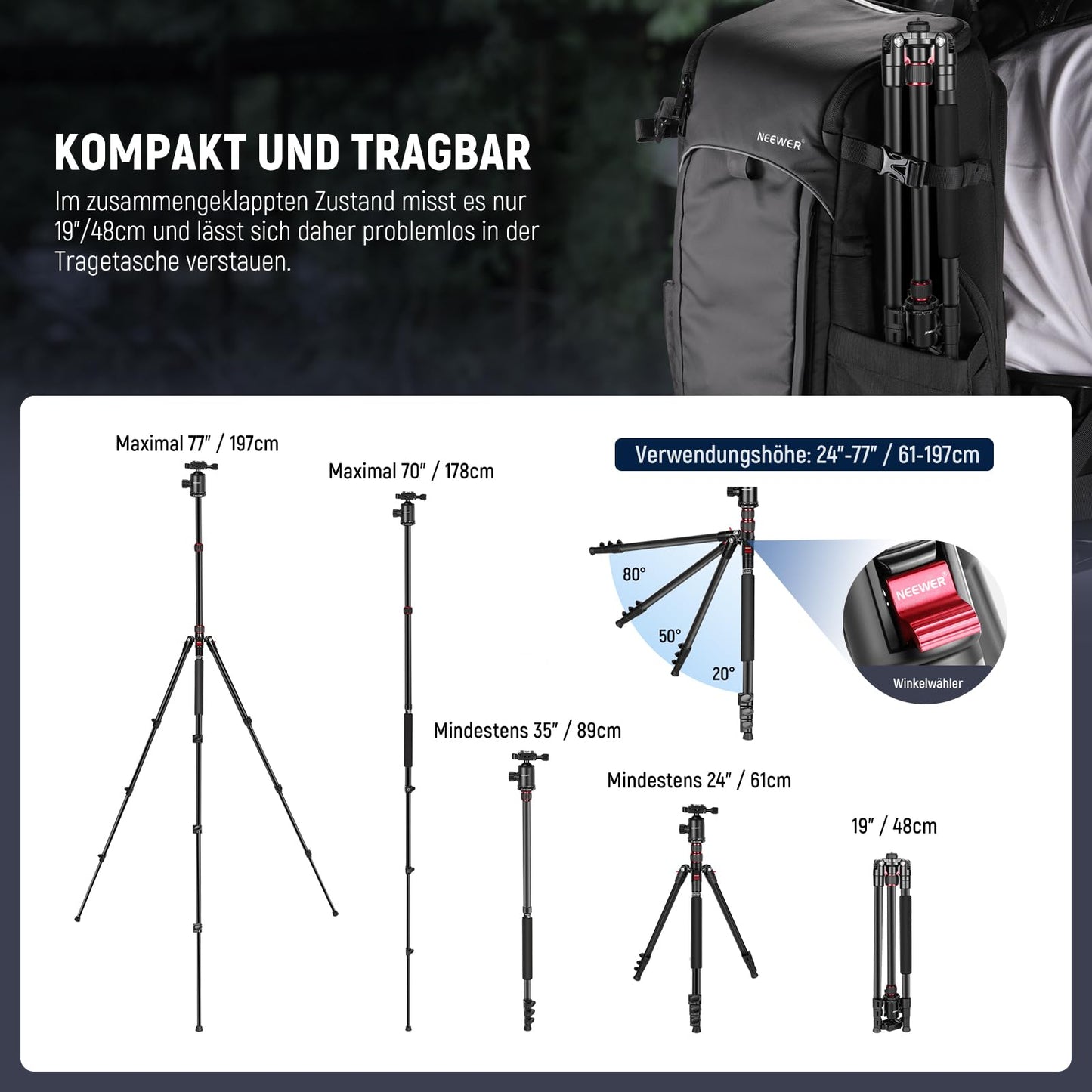 NEEWER 77" camera tripod monopod for DSLR, smartphone with 360° panoramic ball head, 2 axis center column, Arca type quick release plate, bag, compact, aluminum, max. load capacity 34lb, TP77