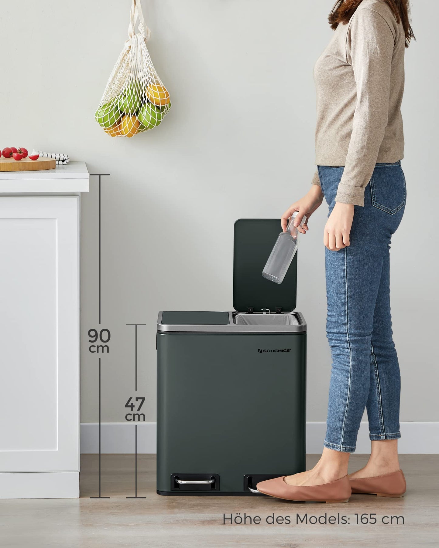 SONGMICS kitchen rubbish bin, 2 x 15 liters, waste separation system 2 compartments, including 15 rubbish bags, rubbish bin, pedal bin, recyclable waste, organic waste, soft close lid, green-grey LTB30GS
