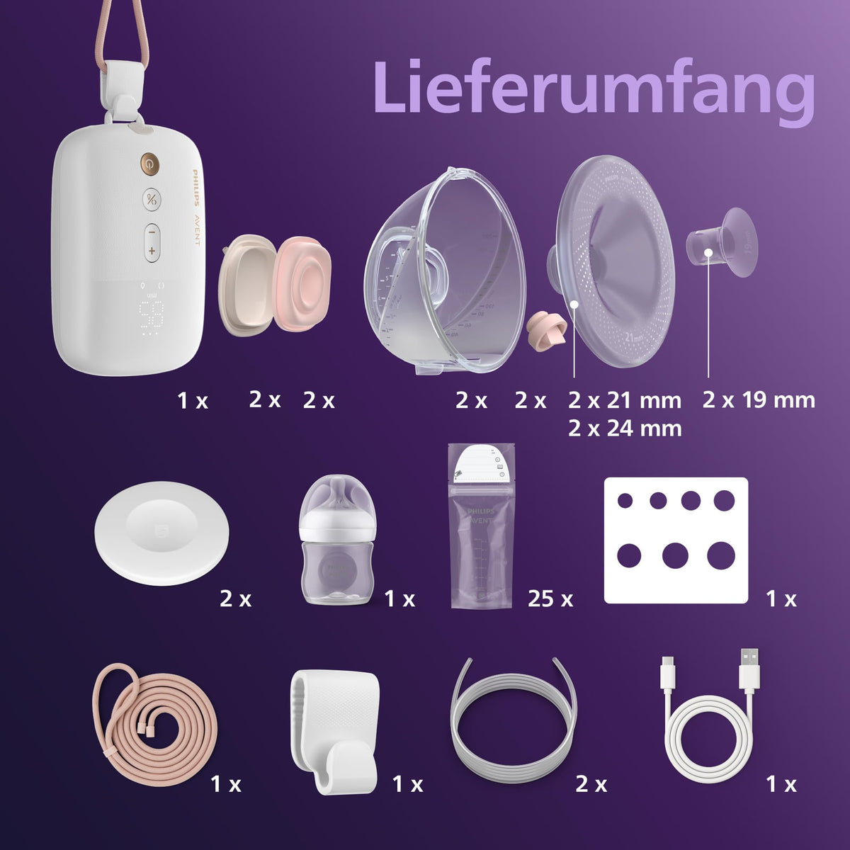 Philips AVENT Hands-free Electronic Double Breast Pump, hospital-grade motor, mimics the baby's drinking rhythm, up to 85 pumping motions per minute, 2 collection cups, SCF547/11
