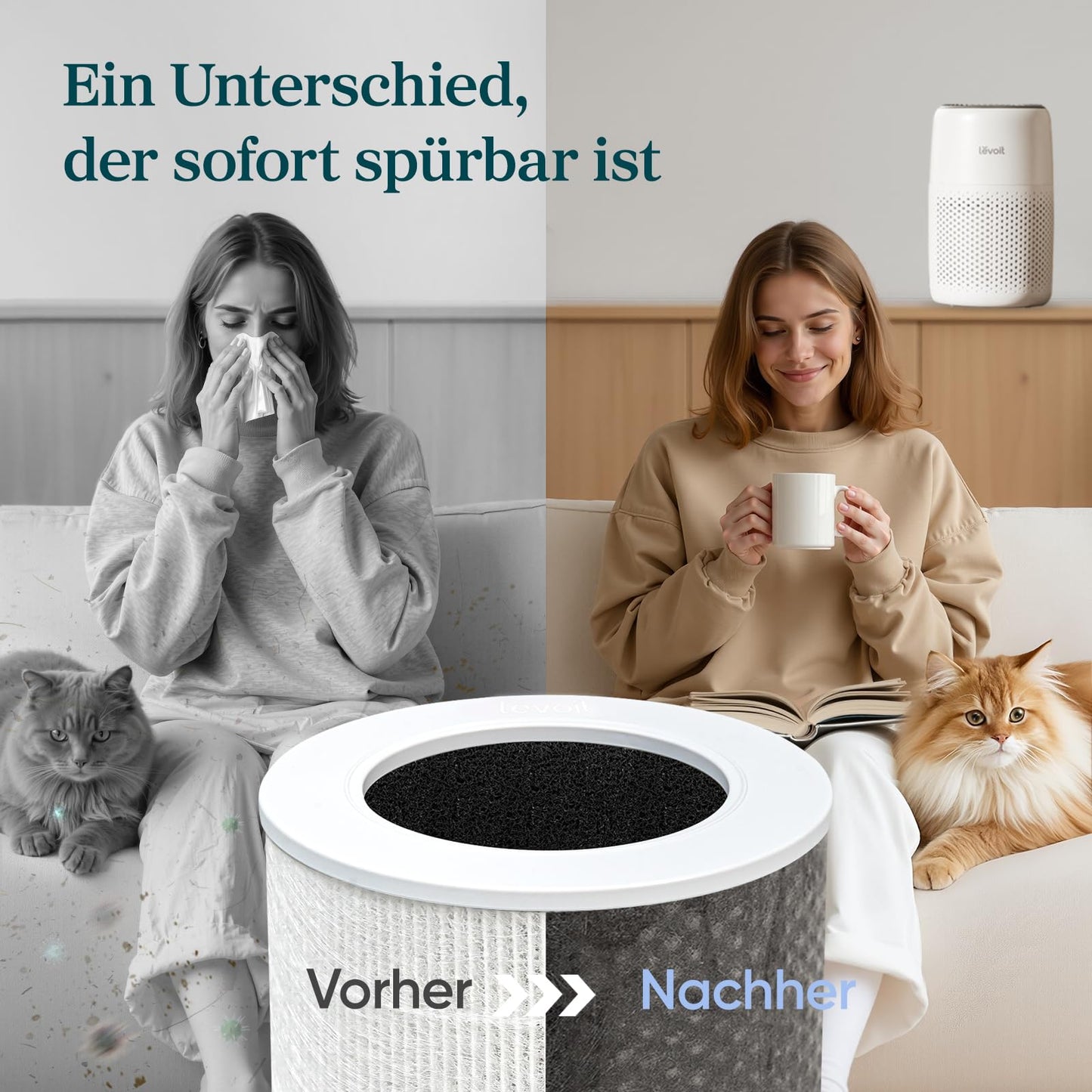 Levoit air purifier for allergy sufferers with aromatherapy, HEPA air filter against mold, dust and animal hair up to 0.3 µm for bedrooms, 7 watt energy saving, 3 speeds, white - LAP-C161-WEU