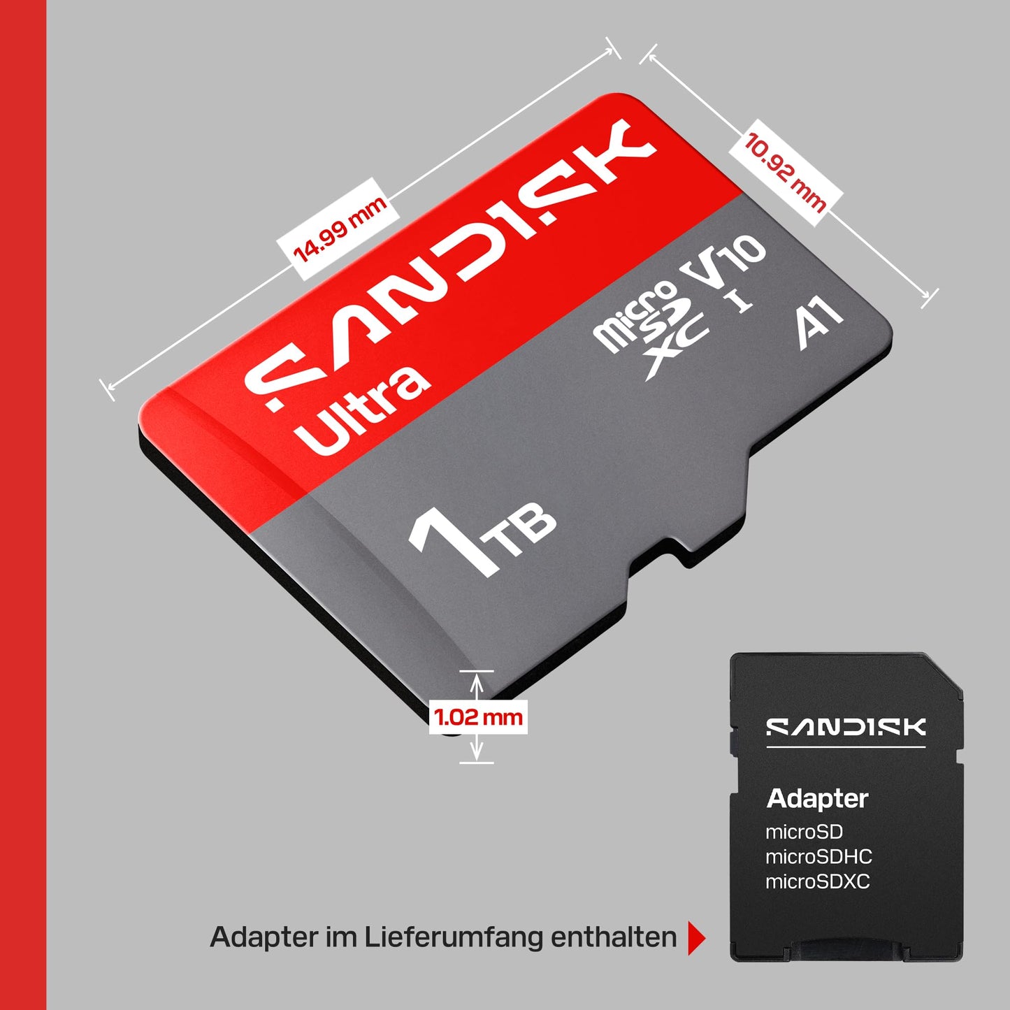 SANDISK Ultra microSDXC 1TB, UHS-I Card + SD Adapter (up to 195MB/s Read, Full HD Video, V10, U1, C10, A1) Card for Android smartphones or tablets, cameras and laptops - SDSQUJQ-1T00-GZ6MA