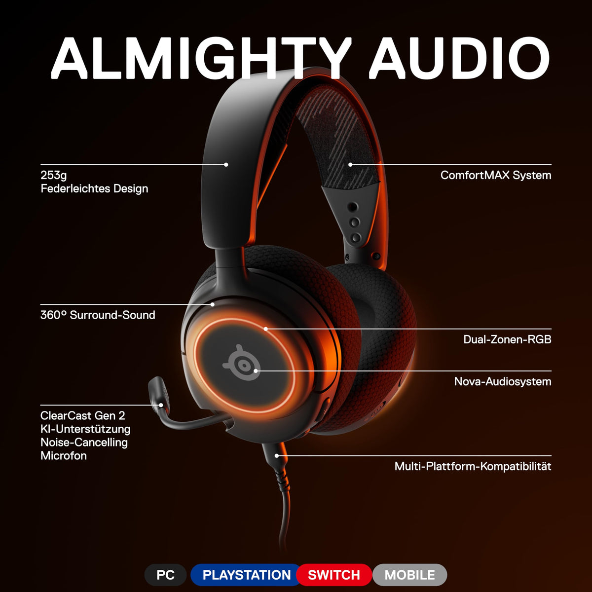 SteelSeries Arctis Nova 3 - Cască de gaming multi-sistem – Driver Hi-Fi – Sunet surround 360° – Iluminare RGB – Pernițe pentru urechi din spumă cu memorie – Ultra ușoară – Microfon ClearCast Gen 2 – PC, PS5, PS4, Switch