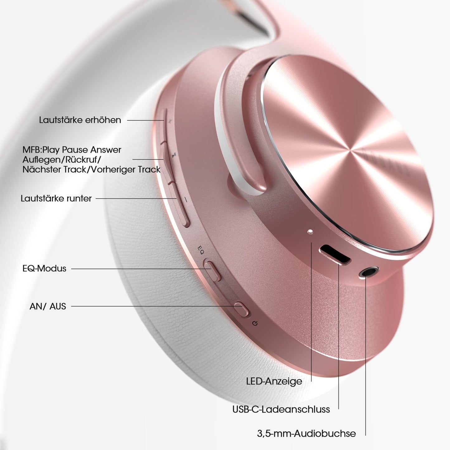 DOQAUS Bluetooth Headphones Over Ear, Up to 90 Hours Wireless Headphones with 3 EQ Modes, HiFi Stereo Foldable Headset with Microphone, Soft Ear Pads for Travel/Office/Cell Phone/PC/Laptops-Rose Gold - CARE1