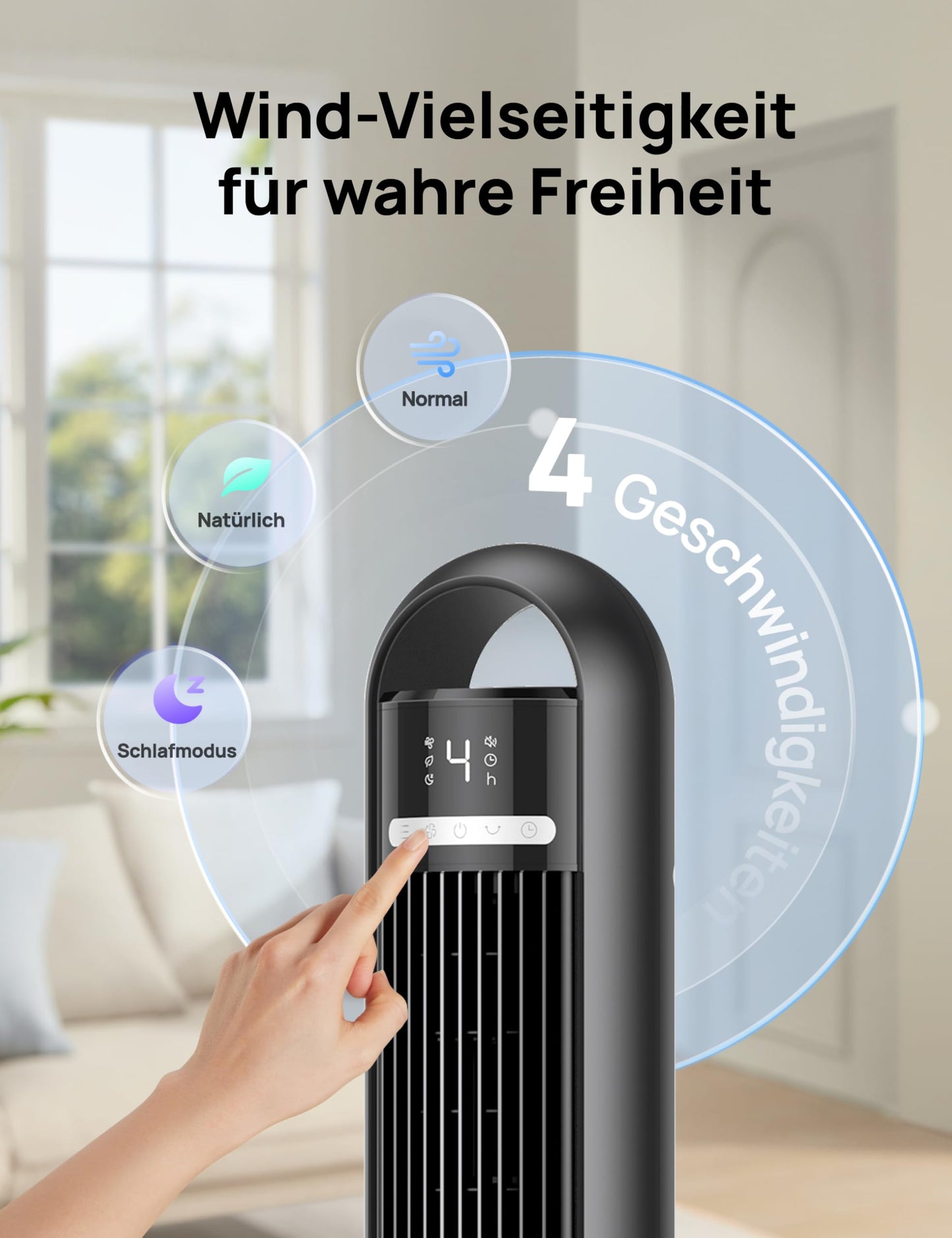 DREO Smart tower fan for the bedroom, quiet pedestal fan with 28 dB, air range up to 8.8 m, 4 levels & 3 modes, 8 hour timer, app, Alexa & Google, 90° oscillation, for home/office - DR-HTF017S