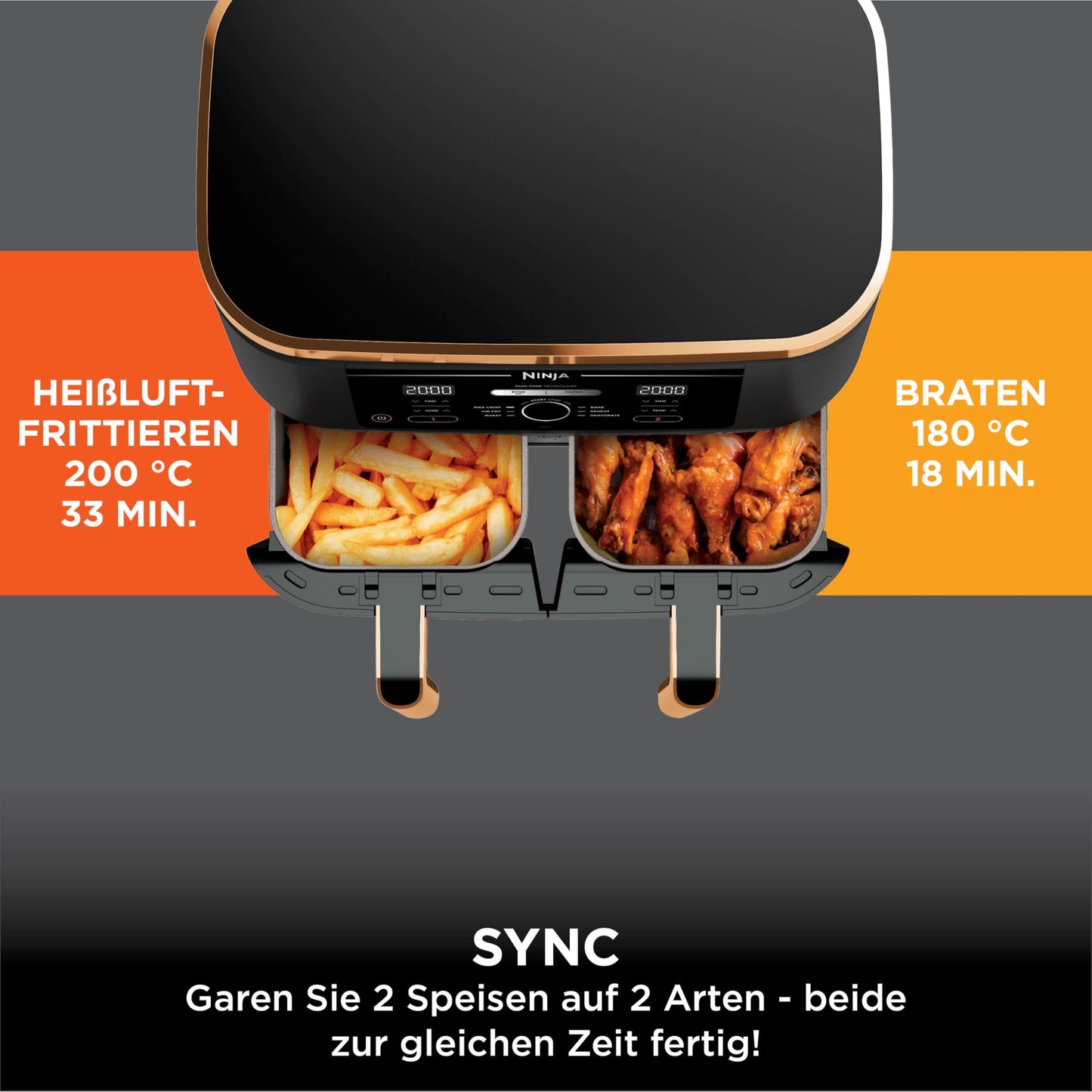Ninja Foodi MAX Dual Zone Air Fryer, 9.5L Airfryer, 2 Compartments, with Tongs, Non-Stick Coating, Dishwasher Safe Baskets, 6-in-1, Amazon Exclusive, Copper/Black, AF400EUCP