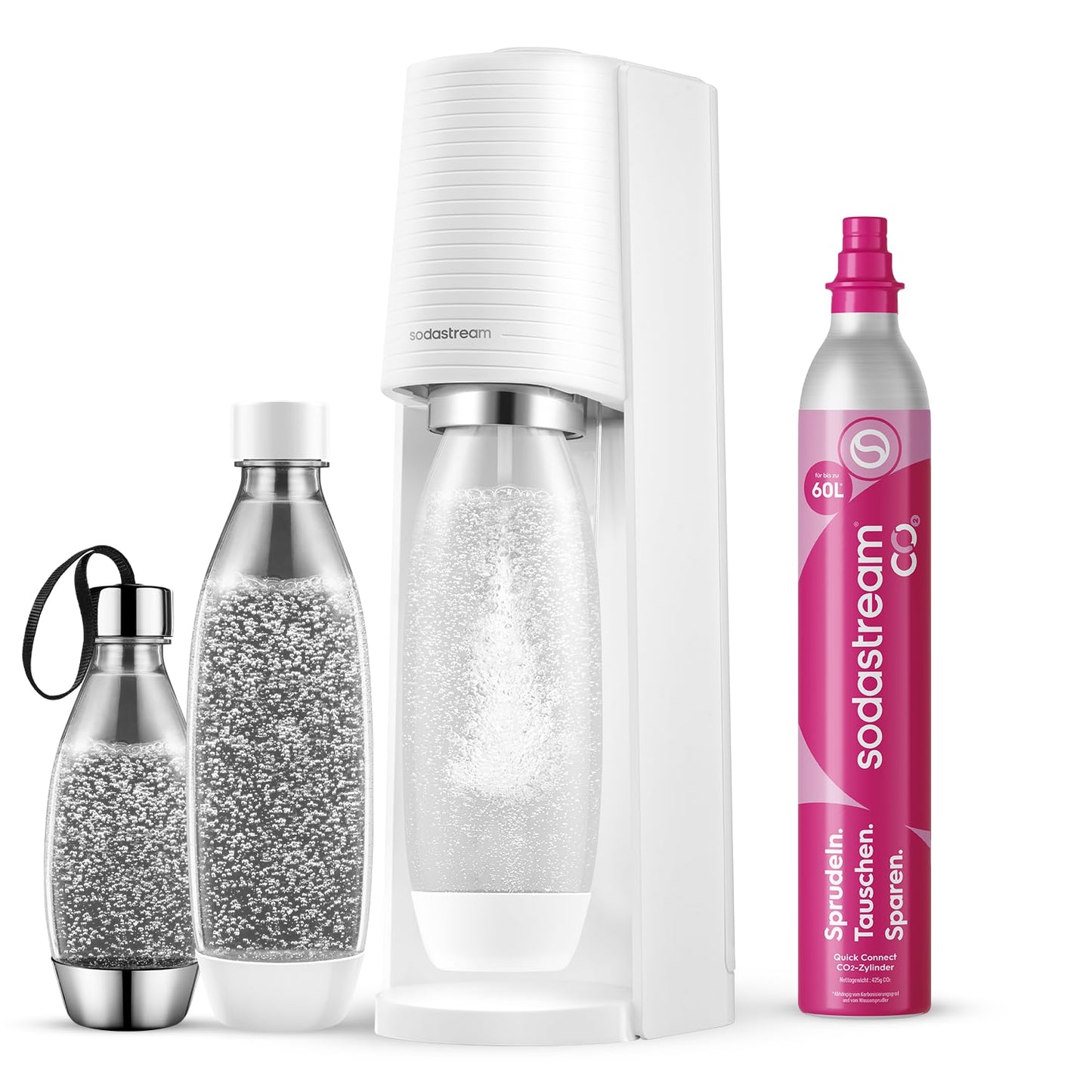 Sodastream water soda maker Terra White Value Pack x 3 with 2 x 1L bottles and 1 x 1/2L bottle dishwasher safe and 1 x CO2 Quick Connect cylinder for up to 60L - 2270213