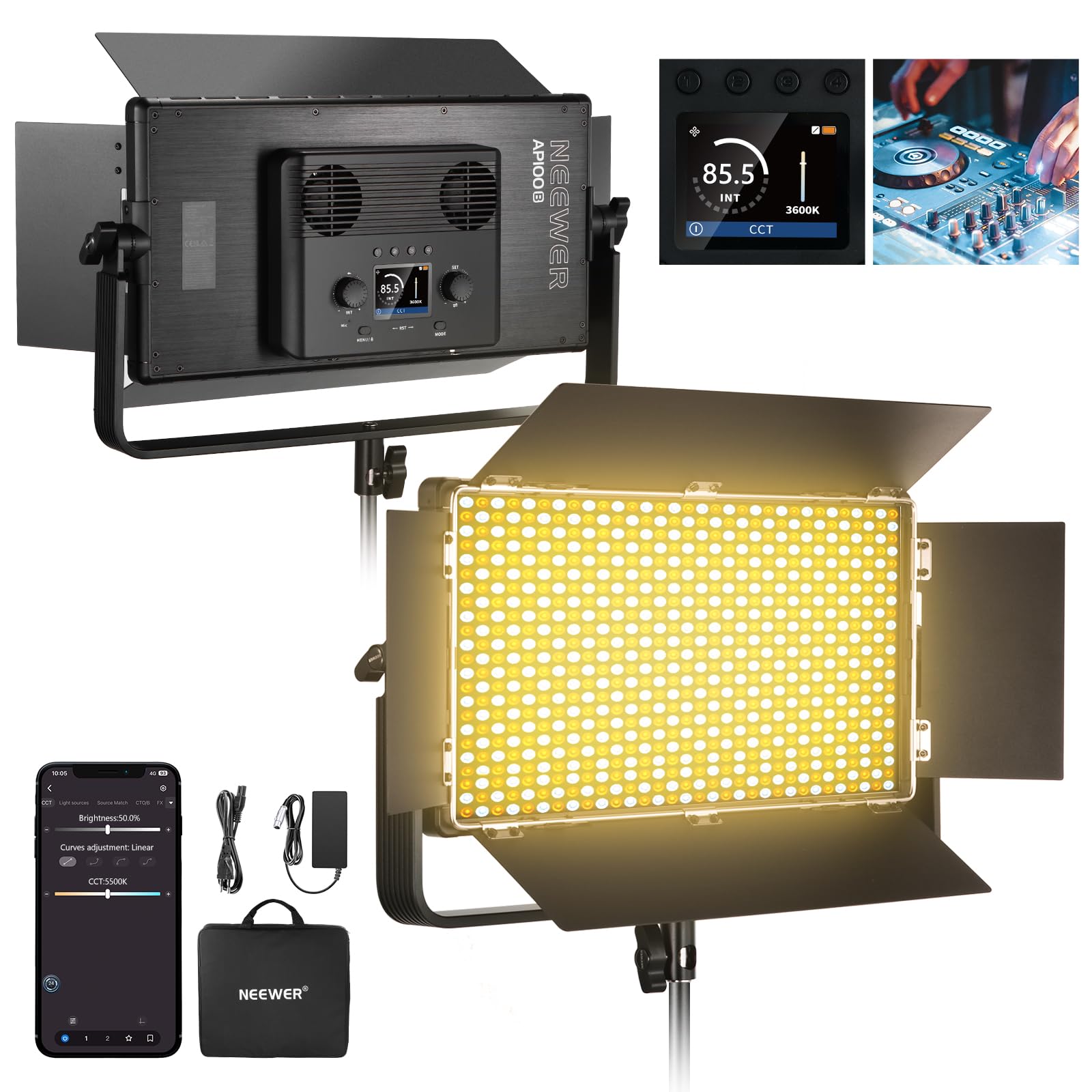 NEEWER LED video light panel, two-tone, 100W, 960 LED 38600Lux@0.5m, 2500K 8500K, CRI96+/TLCI97+, brightness 0-100%, control APP/2.4G/Panel/DMX for photo studio Pro, video scene lighting - AP100B