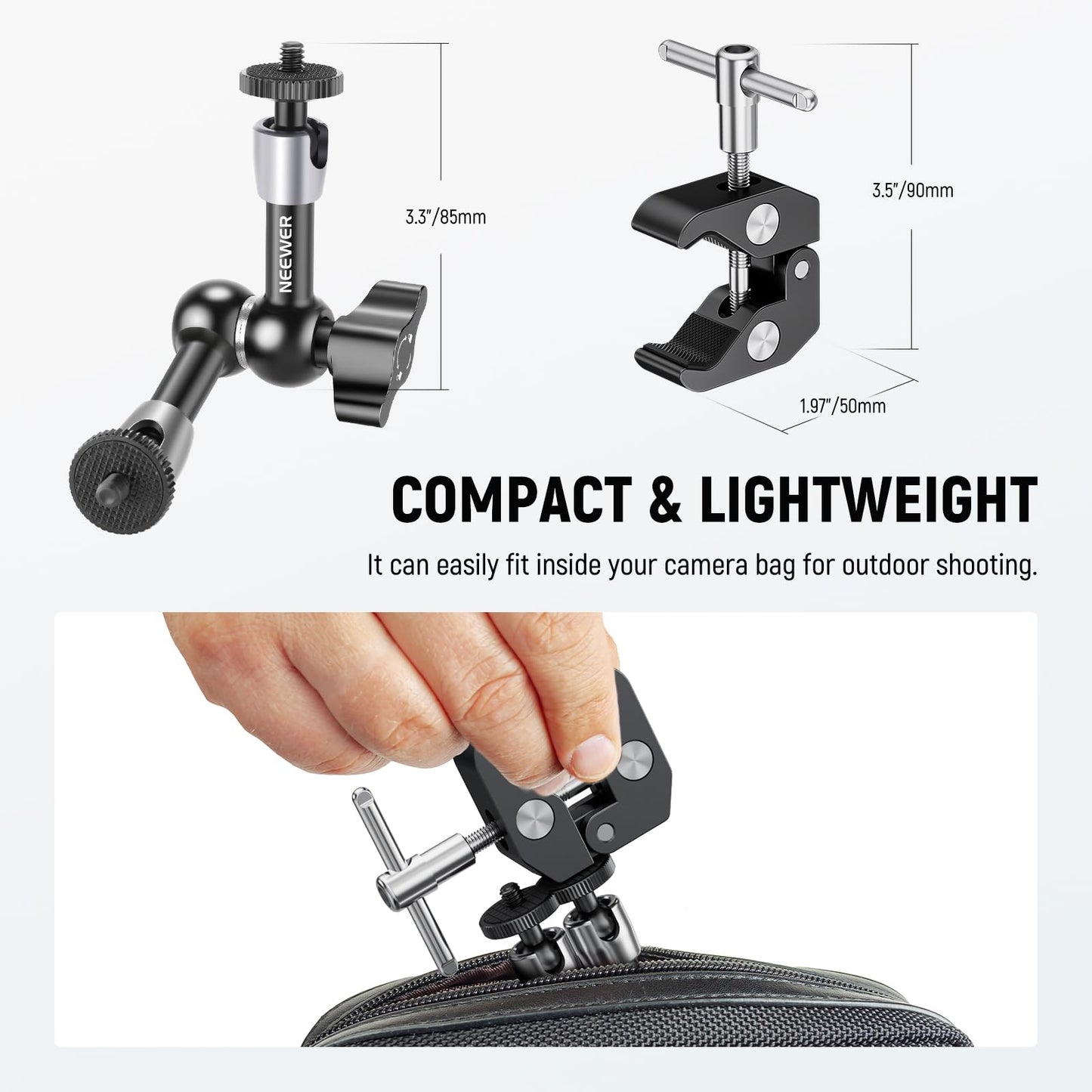 NEEWER 6"/15cm Magic Arm adjustable with Super Clamp, 1/4" and 3/8" thread, 1/4" screws for flash/LED light/microphone/monitor compatible with SmallRig camera cage, maximum load: 2kg, ST15C