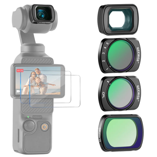 NEEWER filter set with 0.75x wide-angle lens 108° FOV, variable ND2-32 CPL 1/4 black diffusion filter compatible with DJI Osmo Pocket 3 / Pocket 4 / Xtra Muse accessories, FL-B09