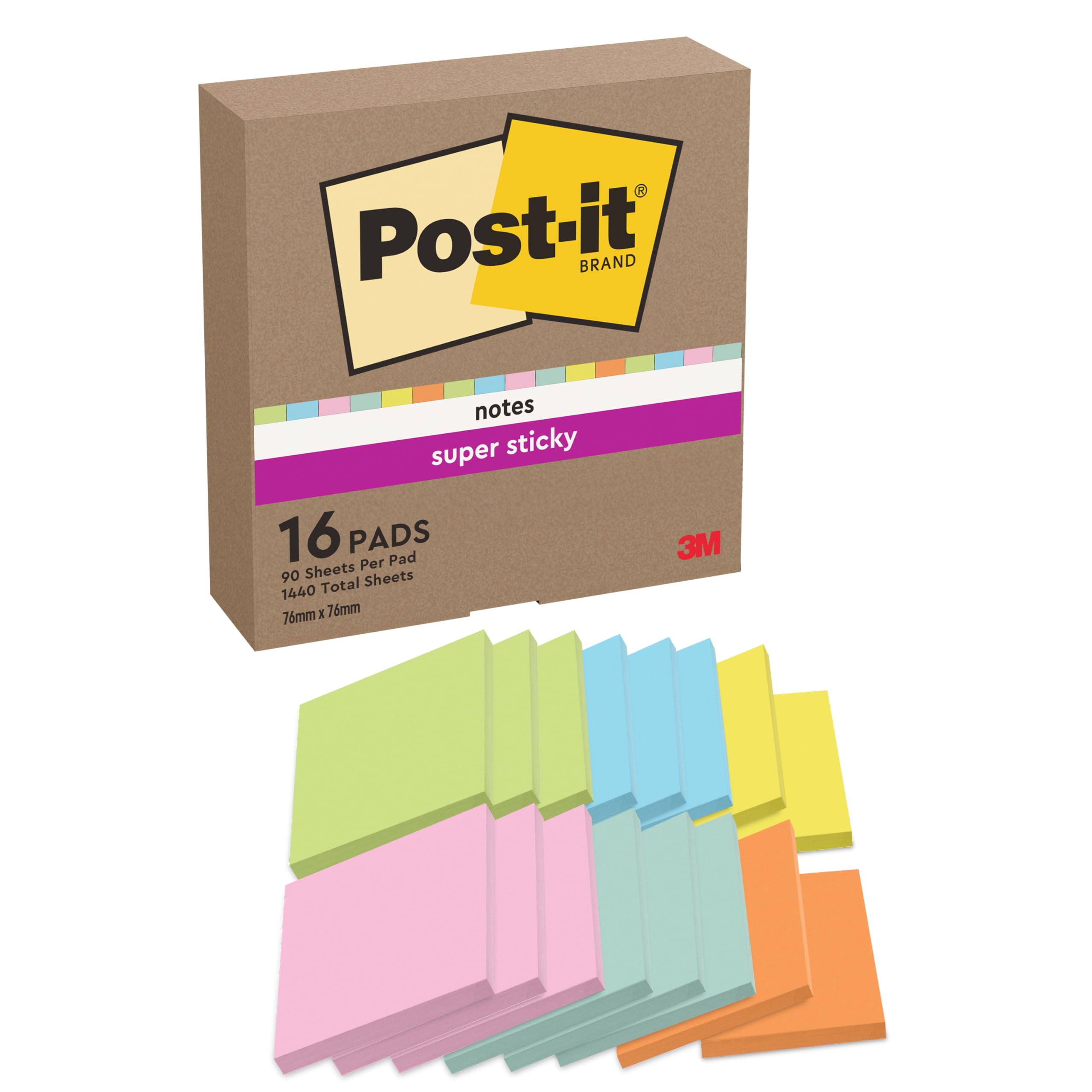 Post-it Super Sticky Notes, 16 pads (1440 sheets), 76mm x 76mm - 654SP-SSCOL-16