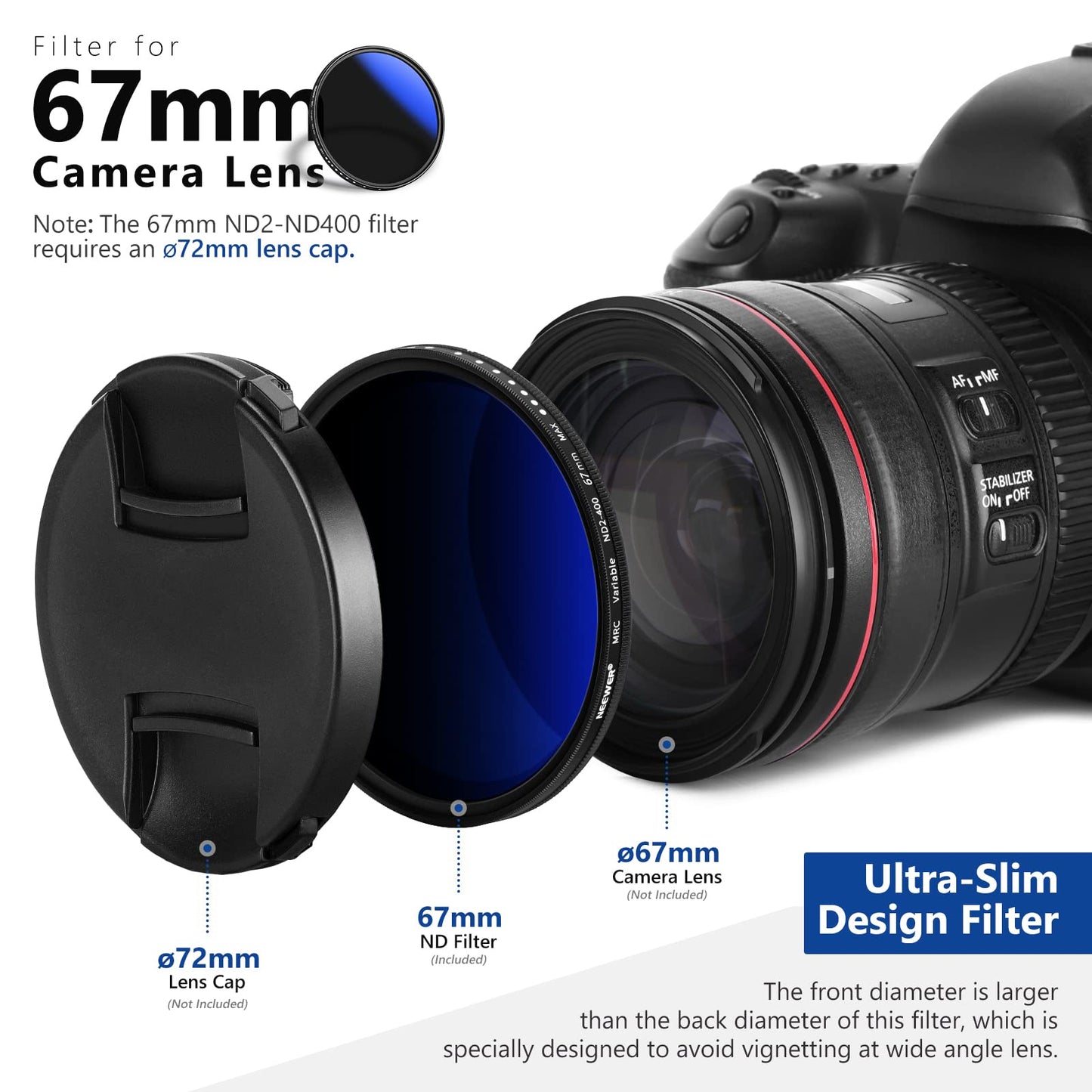 NEEWER 67mm Variable ND Filter ND2-ND400 (1-9 Stops), Gray Filter, Neutral Density Filter, Multiple Coatings, Waterproof and Scratch Resistant - NW
