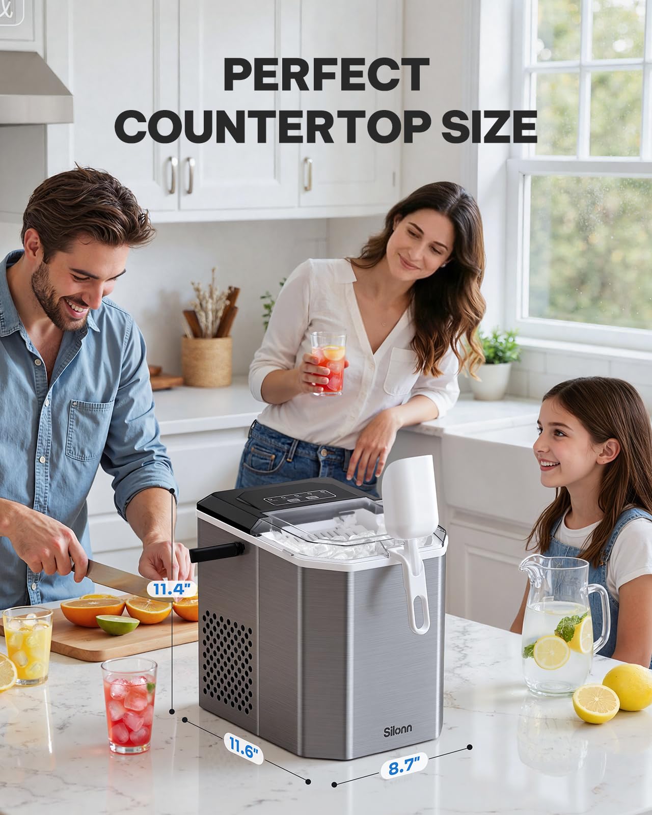 Silonn Ice Cube Machine with Handle Ice Cube Basket - Portable & Self-Cleaning, Mini Ice Maker 9 Ice Cubes/6 Min. 12 KG/Day, Simply Remove Ice Cubes and Use Anywhere - SLIM21T-E