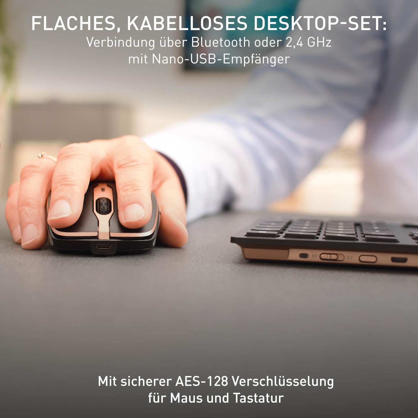 CHERRY DW 9100 Slim, wireless keyboard and mouse set, German layout (QWERTZ), Bluetooth & 2.4 GHz radio, quiet keys, rechargeable, black-bronze - JD-9100DE-2