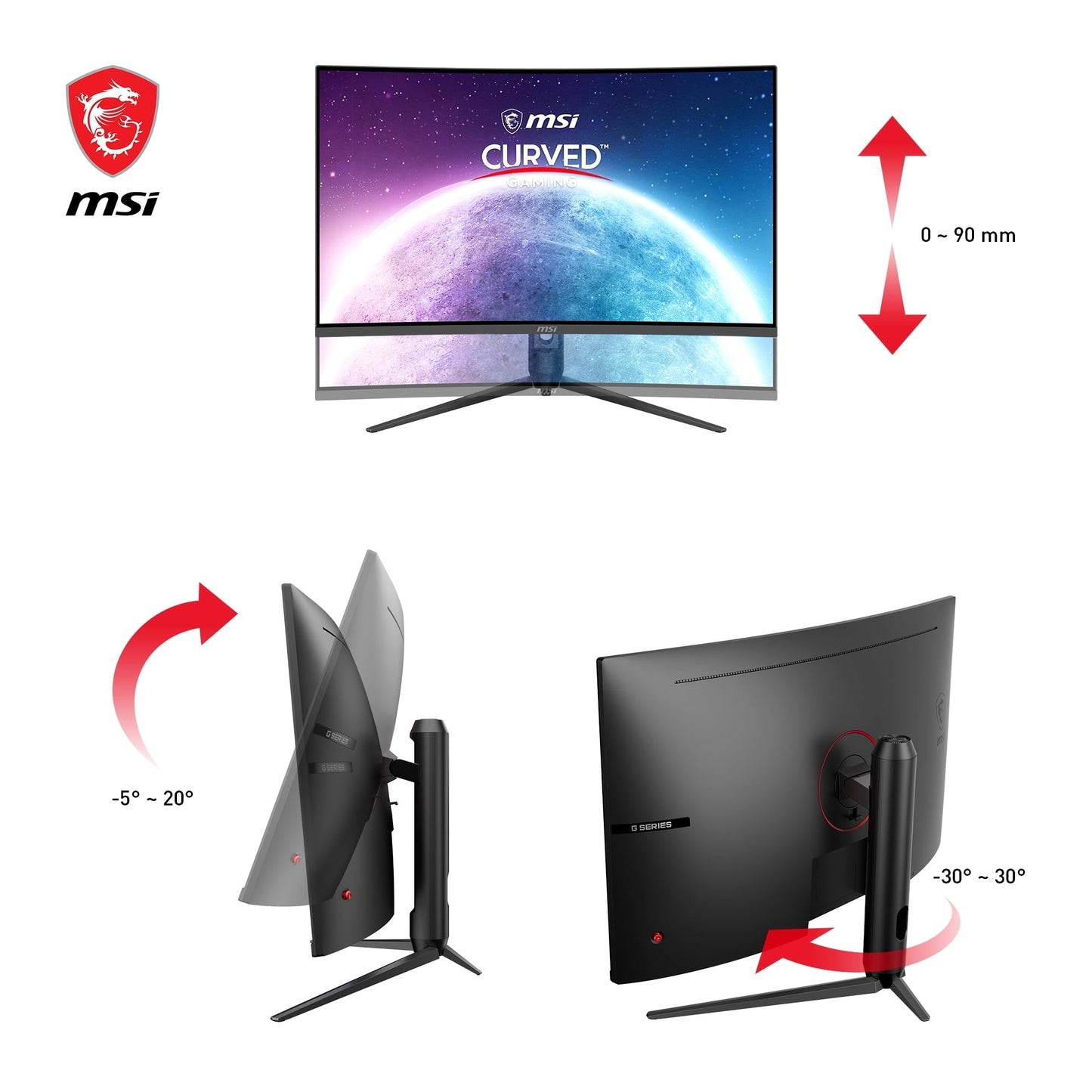 MSI G32CQ5P 31.5 inch (80cm) WQHD Curved Gaming Monitor - 1500R 2560 x 1440 VA panel, 170Hz / 1ms, Adaptive Sync, 3-way adjustable stand - DP 1.2a, HDMI 2.0b CEC - 9S6-3DB44H-027