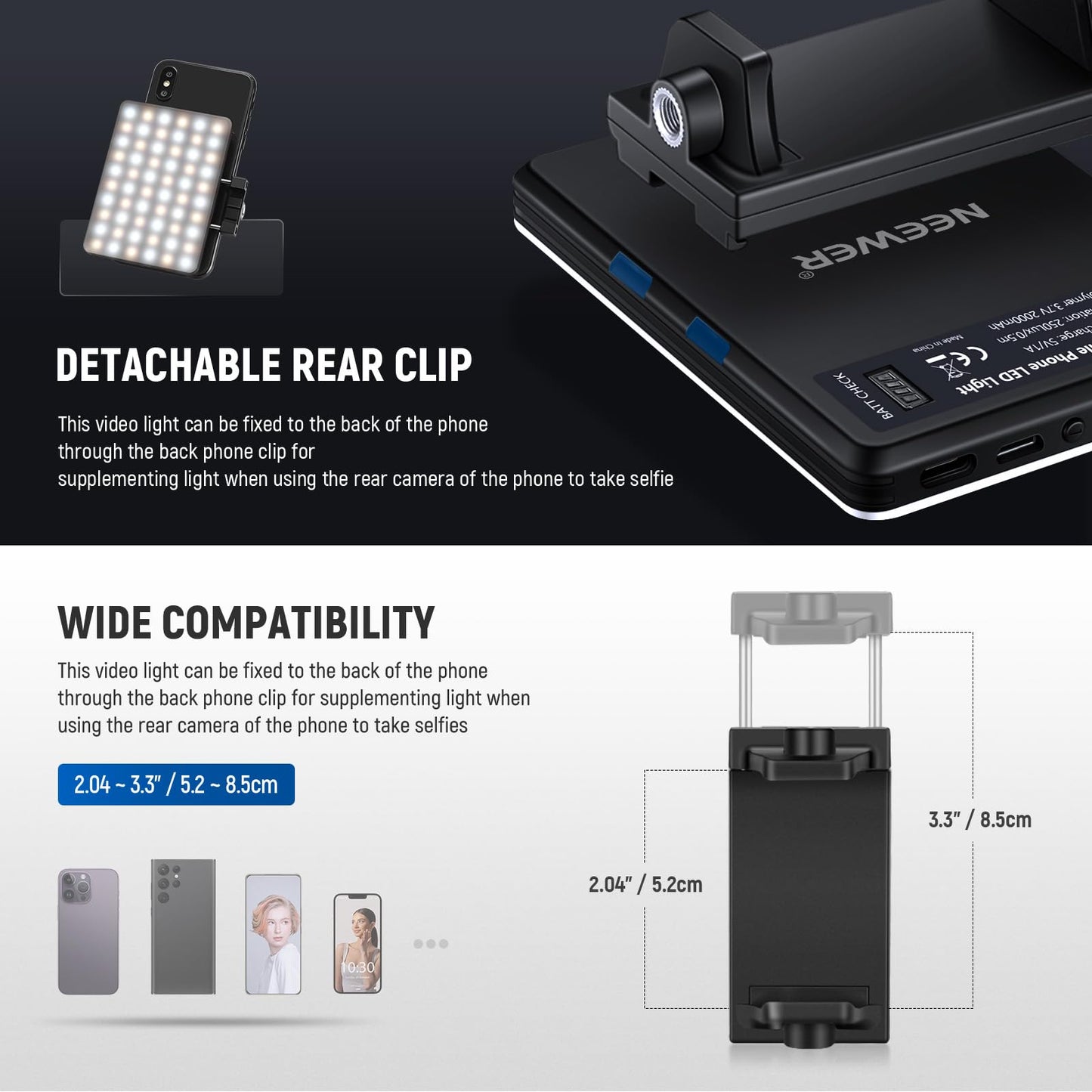 NEEWER Basic Clip On Selfie Light Compatible with iPhone, 2000mAh Rechargeable LED Video Light with Mobile Phone Clamp for Computer Webcam, Laptop, Zoom Video Conferences, Make Up Photography, NL-60AI