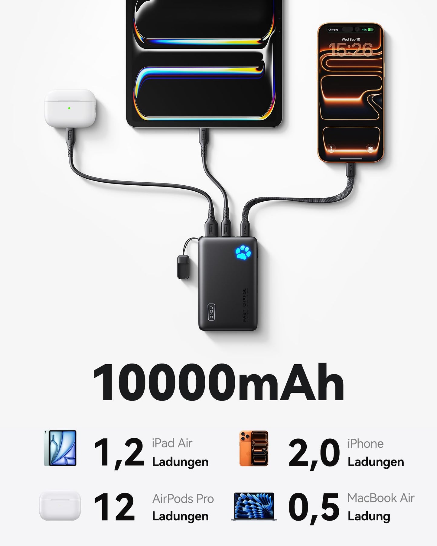 INIU 45W fast charging power bank, 40% small 10000mAh external cell phone batteries - P41