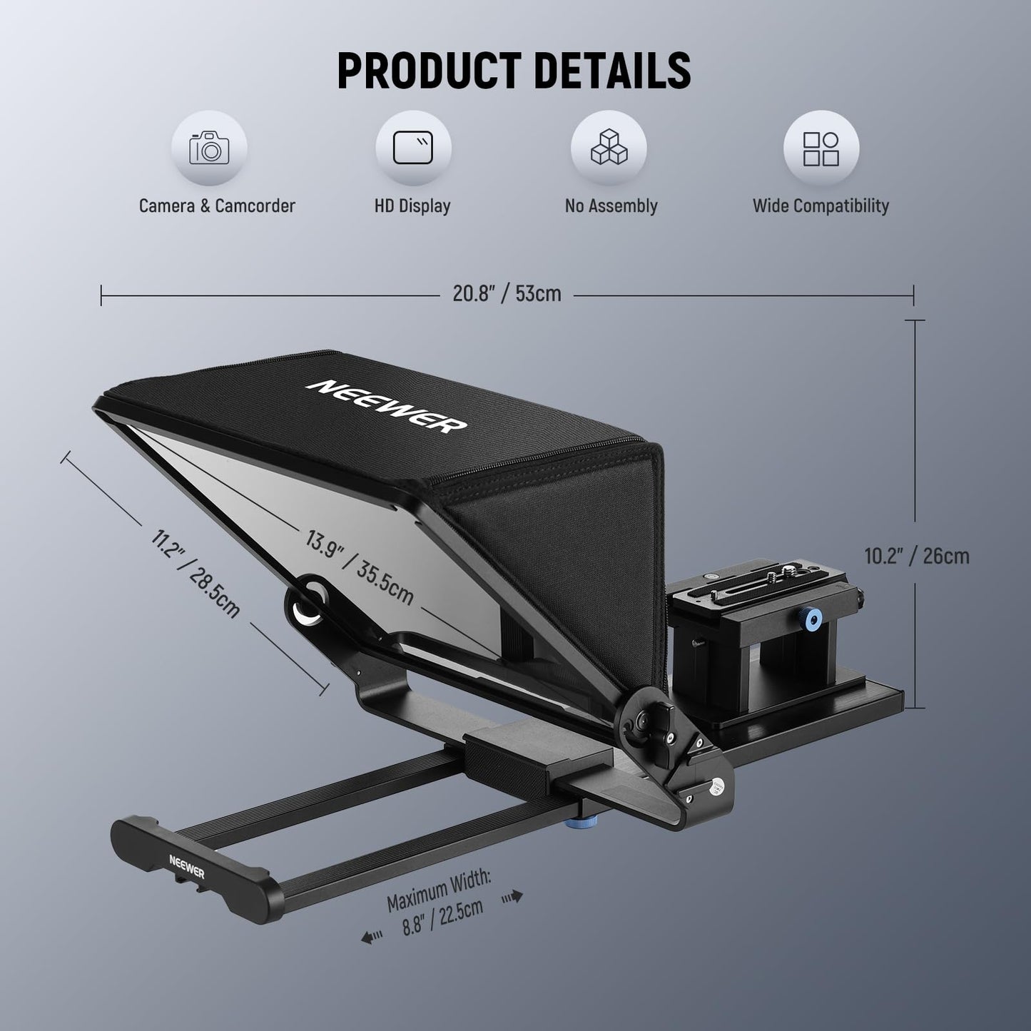 NEEWER Teleprompter X14 III with RT113 remote/app control, 45° tilt 14" beam splitter metal frame camera mount QR plate compatible with 501PL compatible with iPhone iPad DSLR no assembly