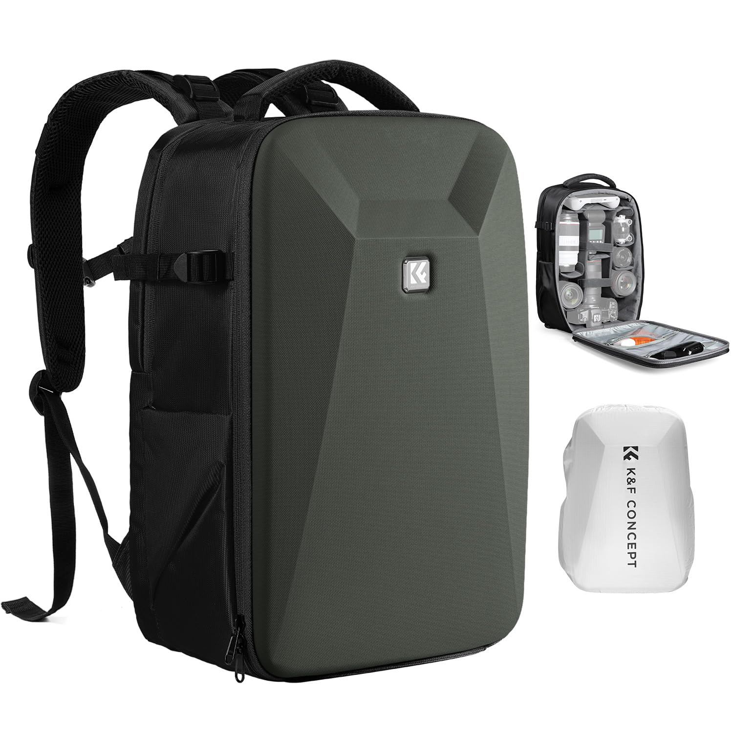K&F CONCEPT camera backpack photo backpack with hard shell camera bag with 15.6 inch laptop compartment and rain cover, backpack for drones - KF13.134V9