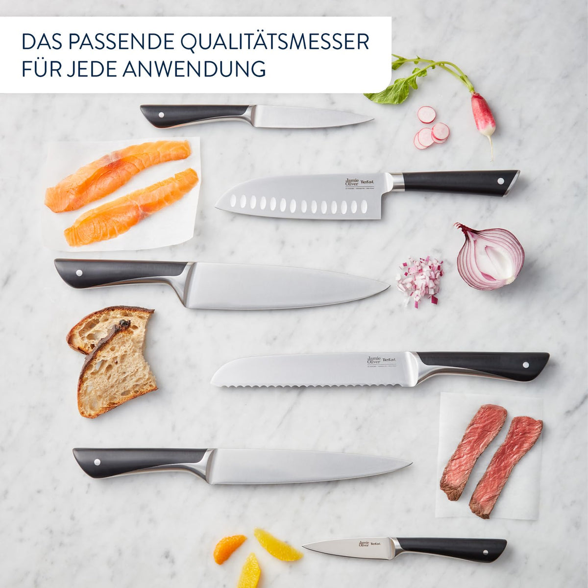 Tefal Jamie Oliver 3-piece knife set, chef's knife, utility knife, paring knife, high cutting performance, distinctive design, durable blades, stainless steel, black, K267S355