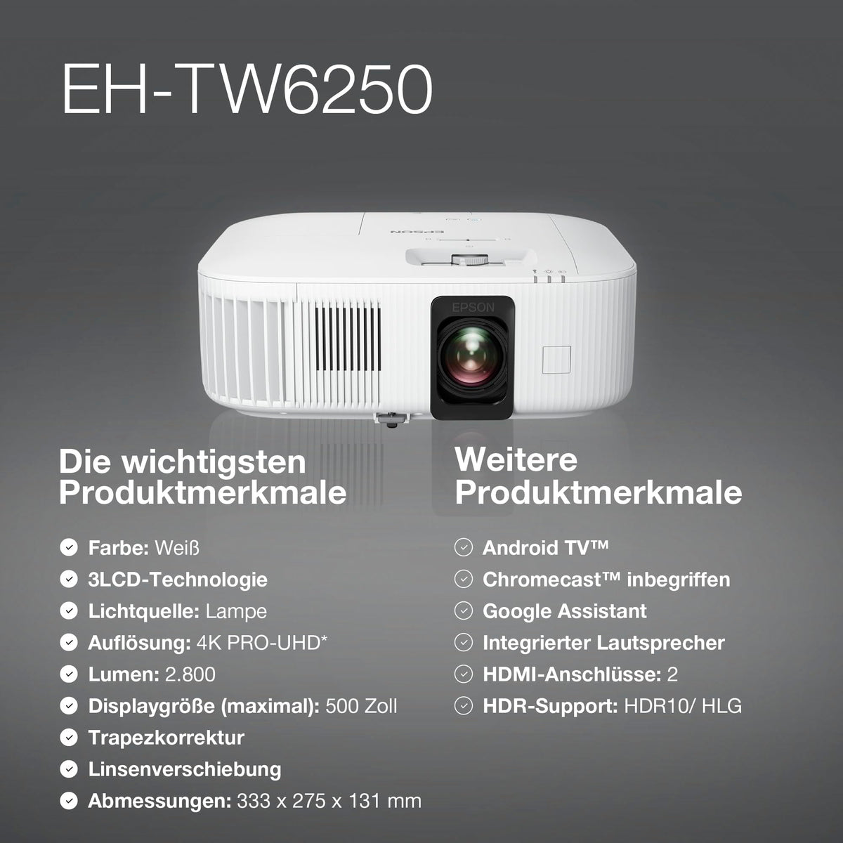 Epson EH-TW6250 | 4K PRO-UHD Projector | 2,800 Lumens | 3LCD | Android TV | 500" Projection Area | Easy Setup with Keystone Correction | For Home and Gaming | White - V11HA73040