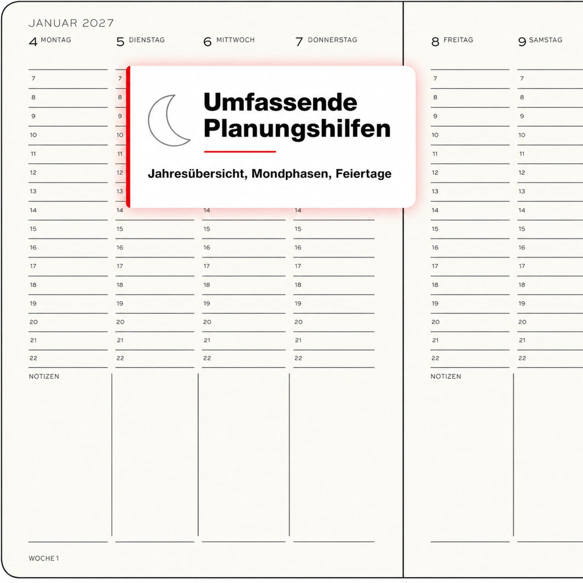 LEUCHTTURM1917 Weekly Planner 2027 Medium (A5) - German, Sunflower, 210 x 145 mm, January-December (12 months), weekly overview with hourly grid 7:00-22:00 per column, hardcover, 80 g/m² paper - 400148