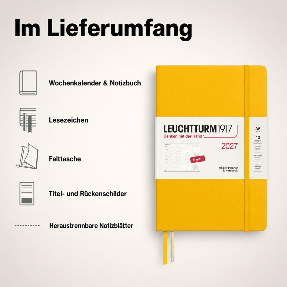 LEUCHTTURM1917 calendar săptămânal 2027 punctat mediu (A5) cu caiet, punctat - planificator de întâlniri engleză, floarea soarelui, copertă cartonată, 145 x 210 mm, ianuarie-decembrie 2027, prezentare săptămânală în stânga + pagina de note în dreapta -