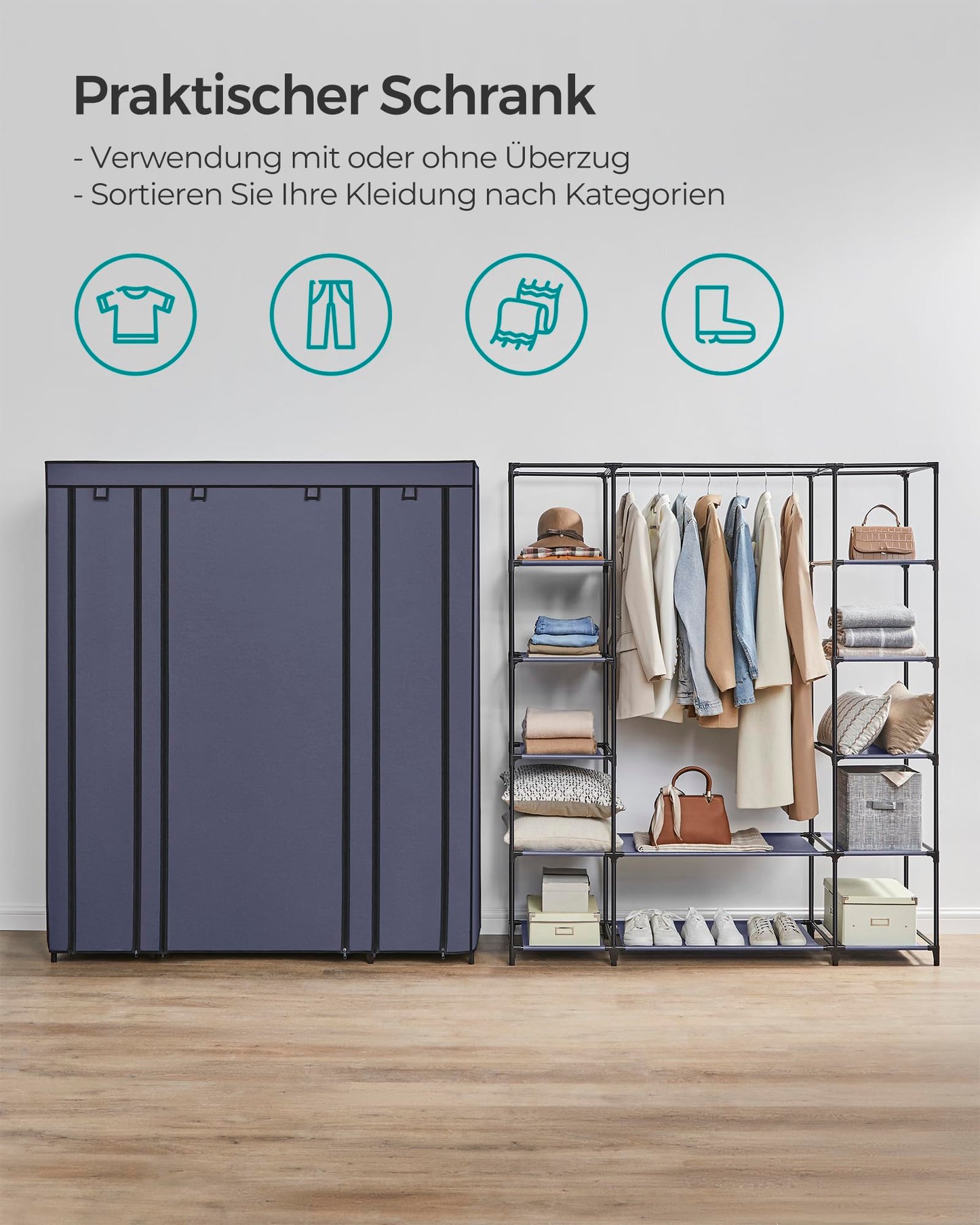 SONGMICS Wardrobe, fabric wardrobe, with non-woven fabric cover, folding wardrobe with clothes rail, 45 x 150 x 175 cm, 12 shelves, metal frame, wardrobe for bedroom, navy blue LSF003I02 - 0194343040943