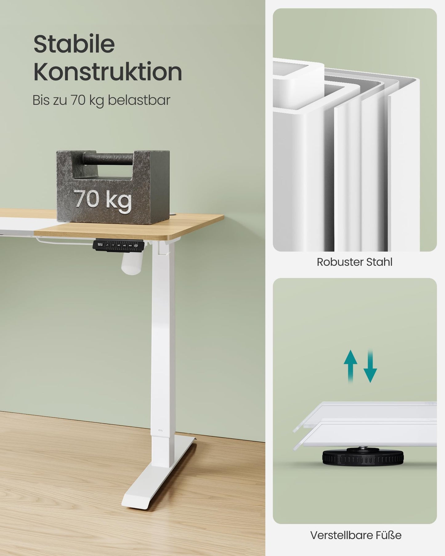 SONGMICS Electric height-adjustable desk, 140 x 60 cm, infinitely adjustable, memory function with 4 heights, natural oak color-matt white LSD016N01