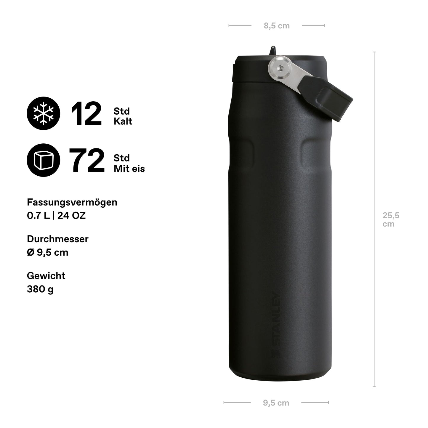 Stanley 1913 Flip Straw drinking bottle with straw 0.7L - thermal mug cools for 10 hours - ice cold for 3 days - BPA-free - leak-proof - for cup holders - dishwasher safe - black - 10-11283-143