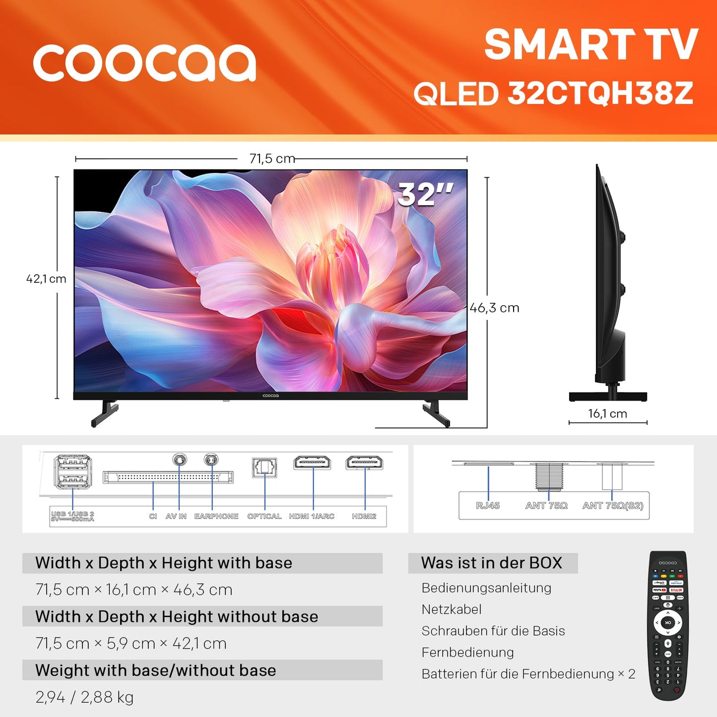 coocaa 32 inch TV, 80cm, QLED HD Smart TV, Superior QLED Tech, HDR10, HLG, 1.5GB RAM for smooth streaming, Dolby Audio, triple tuner DVB-T/-T2/-C/-S/-S2 CI+, Bluetooth 5.1, 32CTQH38Z, 2026
