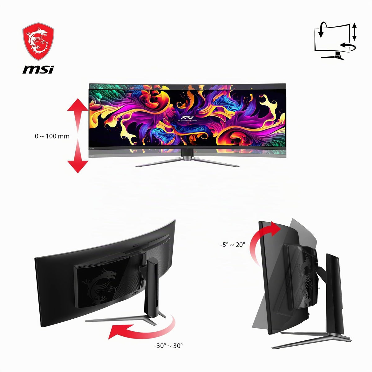 MSI MPG 491CQPA QD-OLED 49-Inch DQHD Curved Gaming Monitor 1800R, 5120 x 1440 Quantum Dot OLED Panel, 144 Hz / 0.03 ms, 99% DCI-P3, ΔE≤2, DisplayHDR True Black 400, KVM–DP 1.4a, HDMI 2.1, USB Type C - 4711377389587