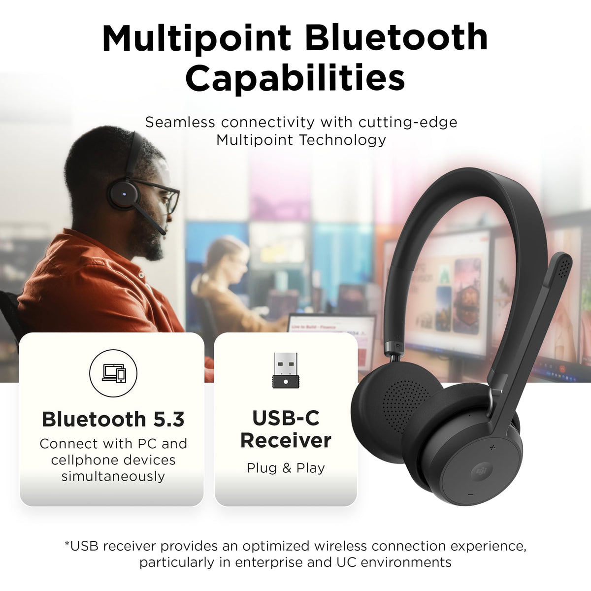 Lenovo - Headset - On-Ear - Bluetooth - wireless - USB-A adapter via Bluetooth - Black - Certified for Microsoft Teams - 4XD1M80020