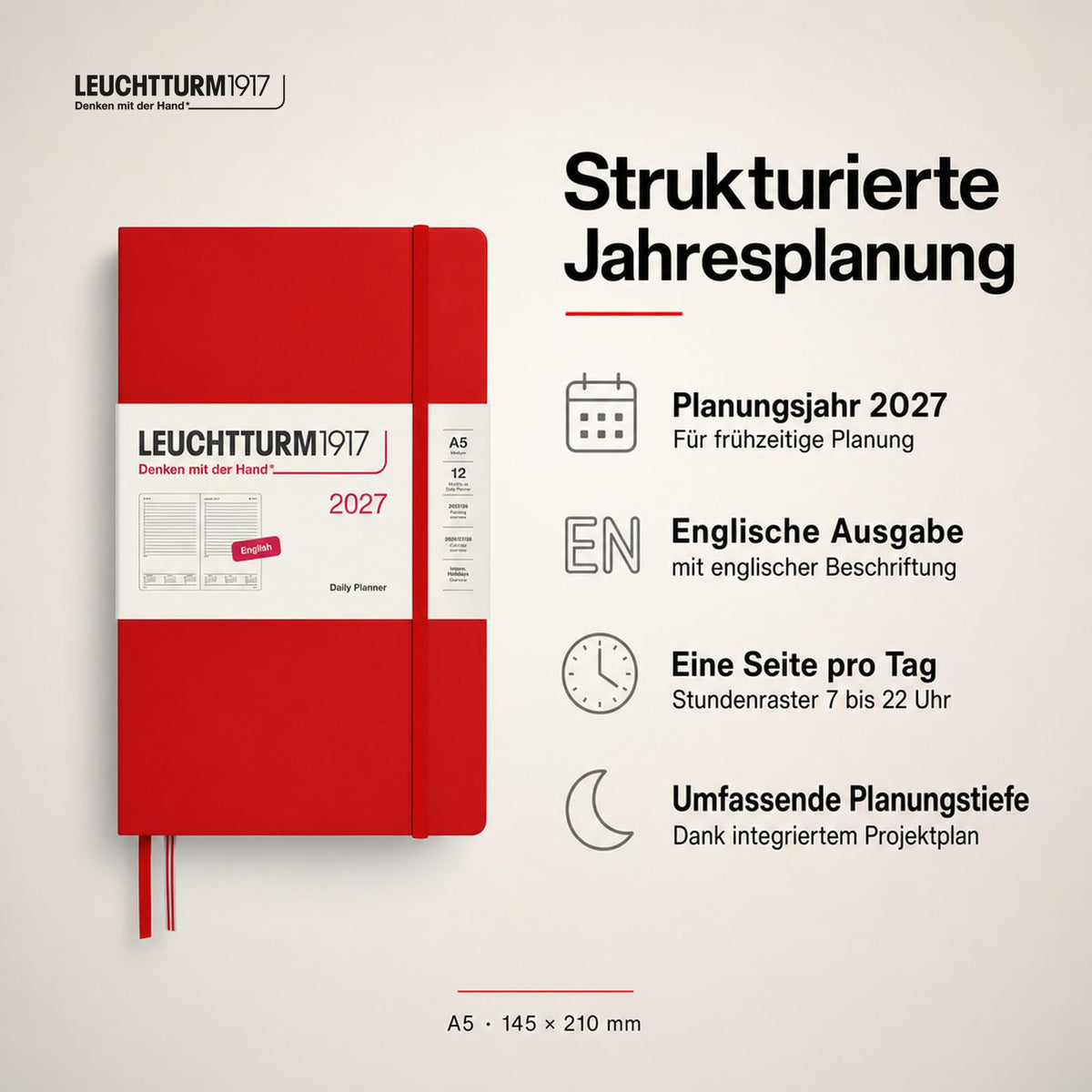 LEUCHTTURM1917 Daily Calendar 2027 Medium (A5) - English, Cherry, 145 x 210 mm, January-December (12 months), 1 page per day, hourly grid 7:00-22:00, hardcover, 80 g/m² paper - 400326