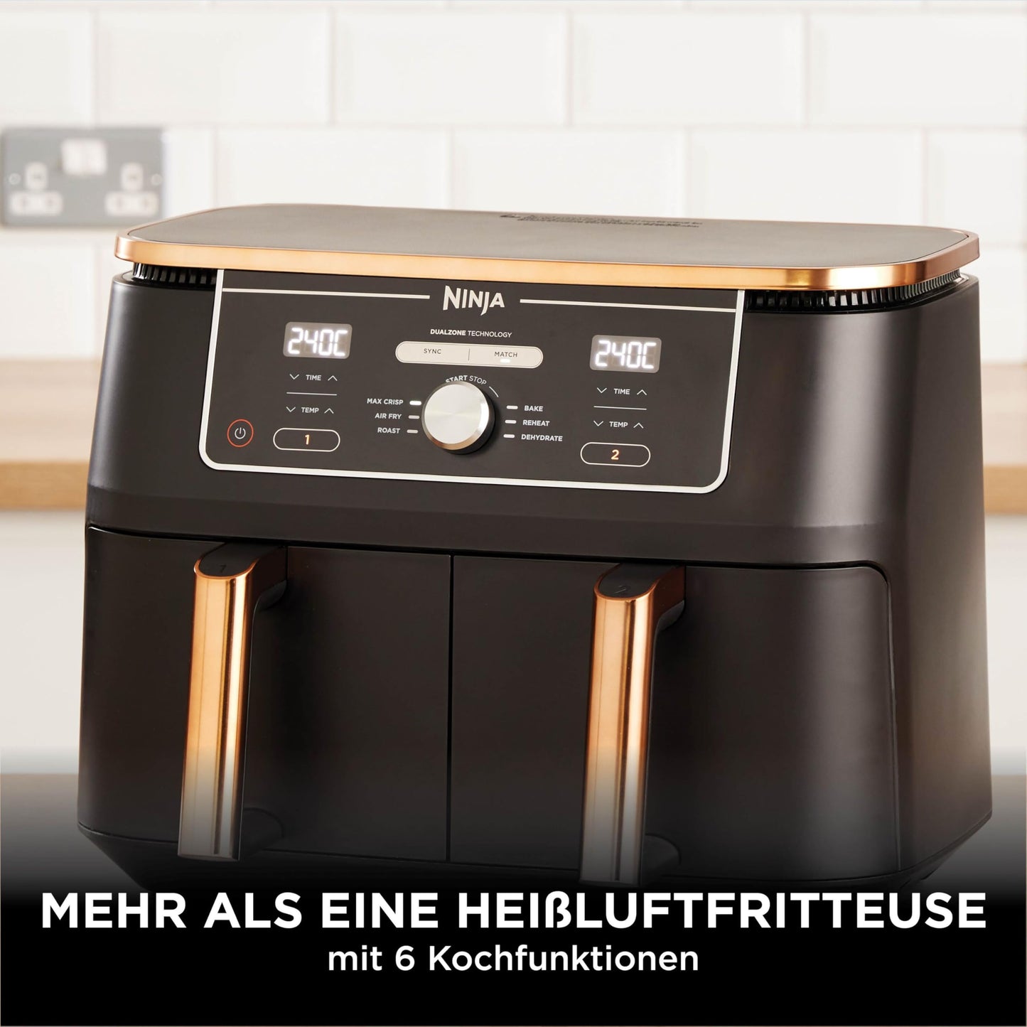Ninja Foodi MAX Dual Zone Air Fryer, 9.5L Airfryer, 2 Compartments, with Tongs, Non-Stick Coating, Dishwasher Safe Baskets, 6-in-1, Amazon Exclusive, Copper/Black, AF400EUCP