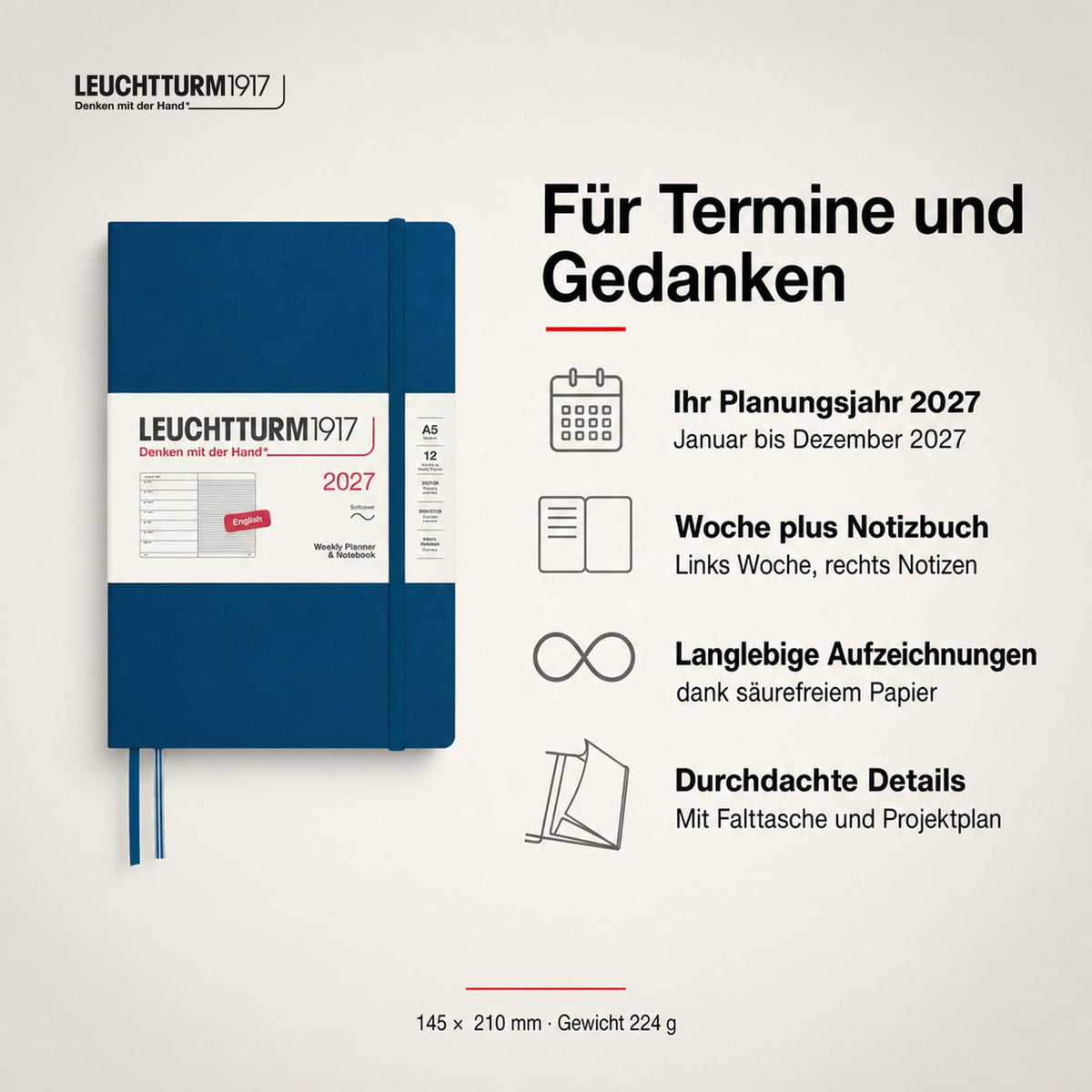 LEUCHTTURM1917 calendar săptămânal 2027 mediu (A5) cu caiet, cu linii - planificator de întâlniri engleză, indigo, copertă moale, 145 x 210 mm, ianuarie-decembrie 2027, prezentare săptămânală în stânga + pagina de note în dreapta - 400241