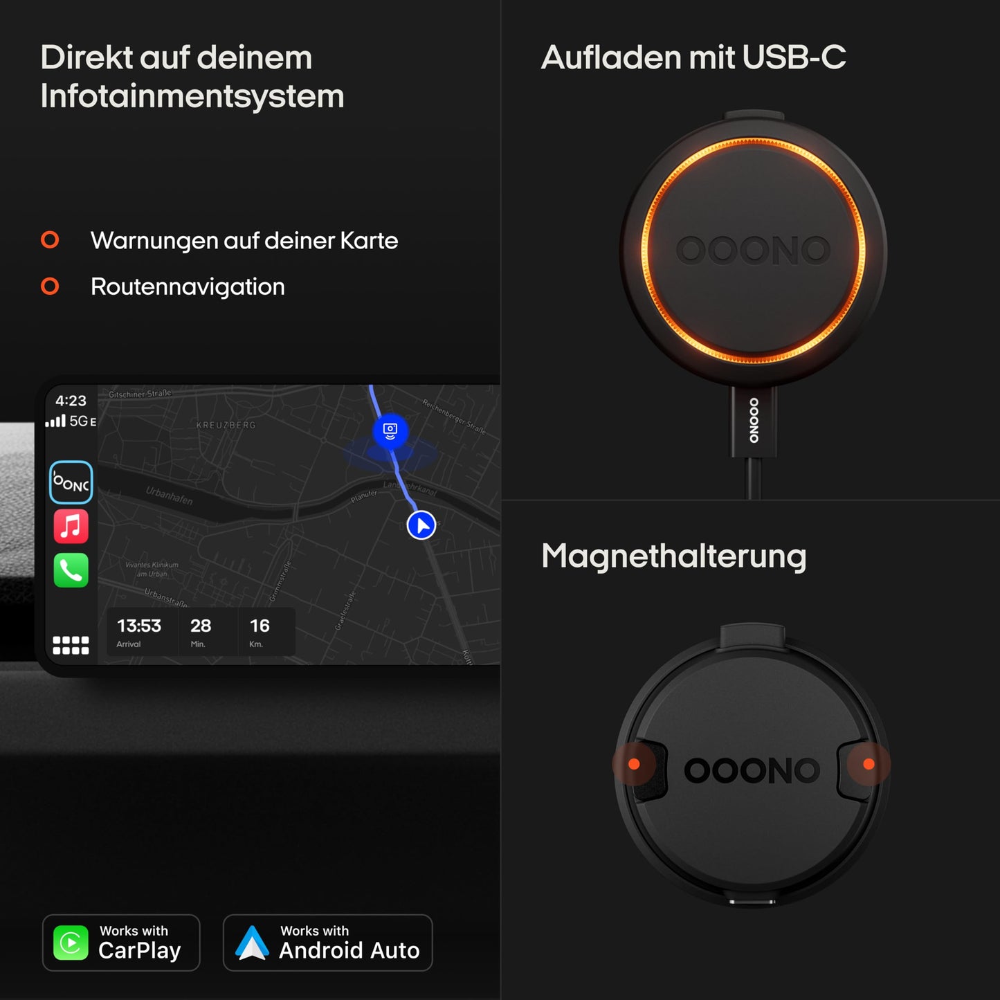 OOONO Co-Driver NO2 - Optimized co-driver for the car - Warns of speed controls and danger spots - Rechargeable - LED display - CarPlay & Android Auto compatible - CD2