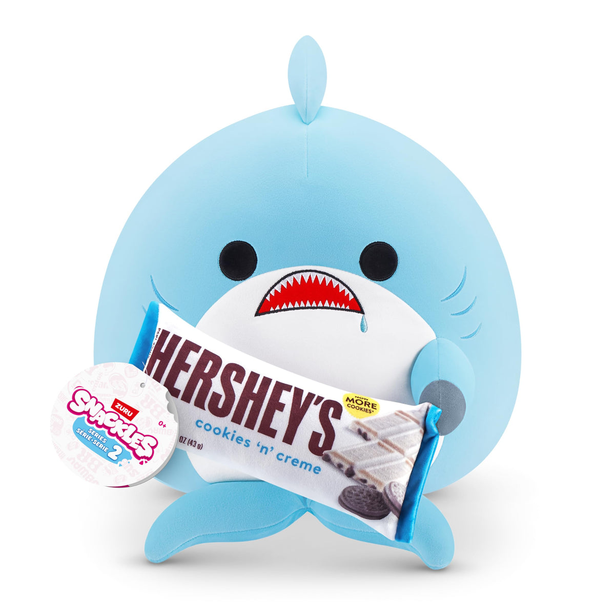 Snackles, Series 2, Shark (Hershey, Cookie n Cream), a cuddly soft, soothing plush toy measuring 35 cm with licensed snacks (Shark). - 77573H