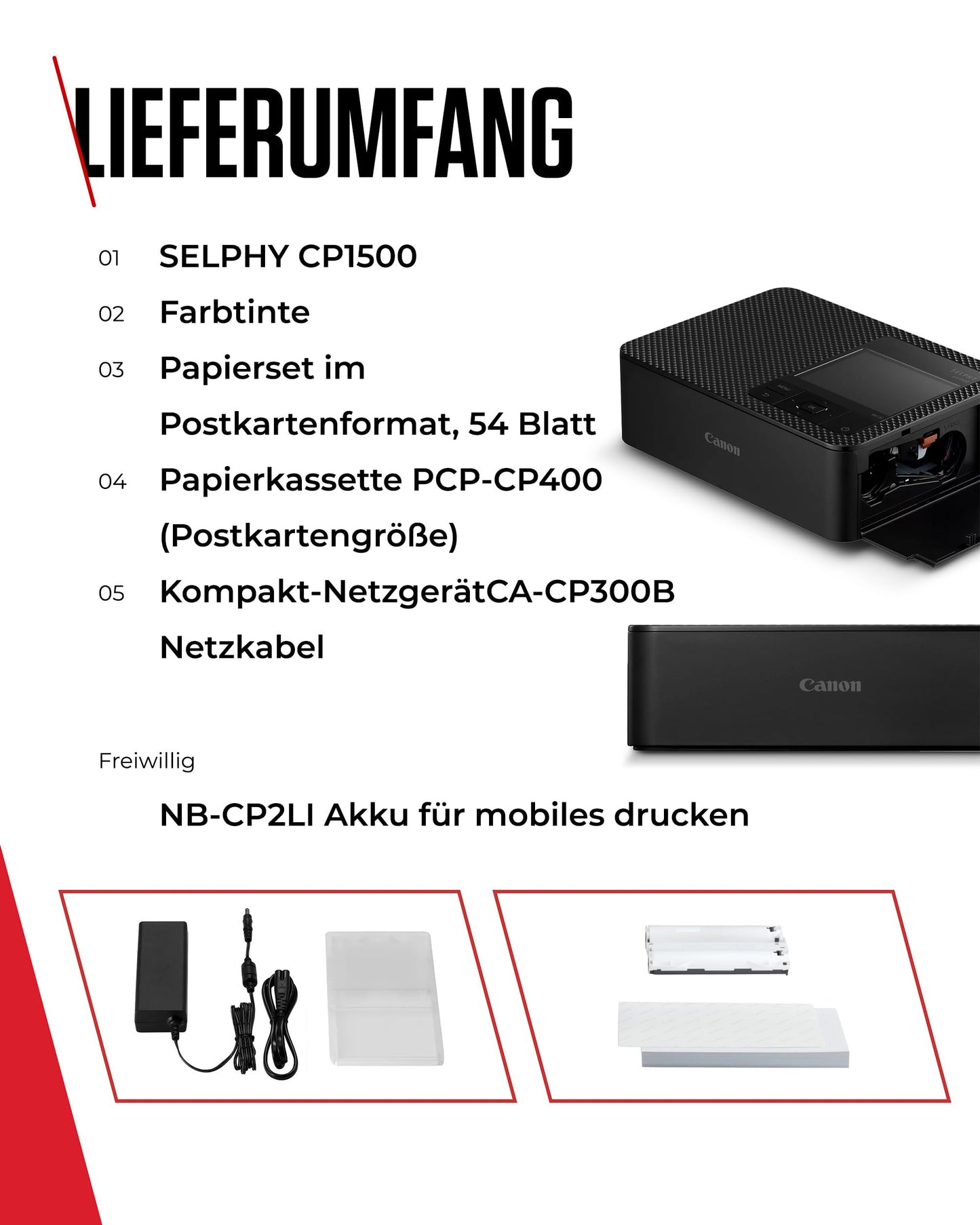 Canon SELPHY CP1500 Mobiler Fotodrucker mit Papierset - 5539C011