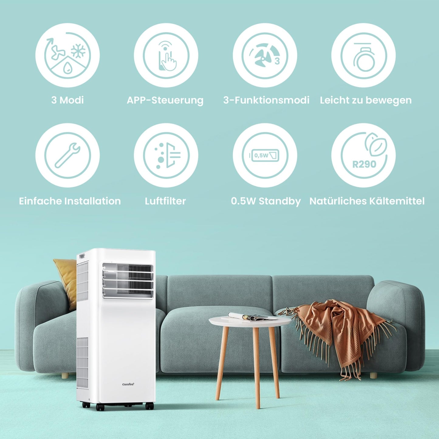 Comfee Mobile Air Conditioner Breezy Cool Pro 2.6, 9000 BTU 2.6kW, Cooling & Ventilating & Dehumidifying, APP Control, Room Size up to 88m³ (33㎡), Mobile Air Conditioning with Exhaust Hose [Energy Class A] - CPPA-09CRN7-QB6