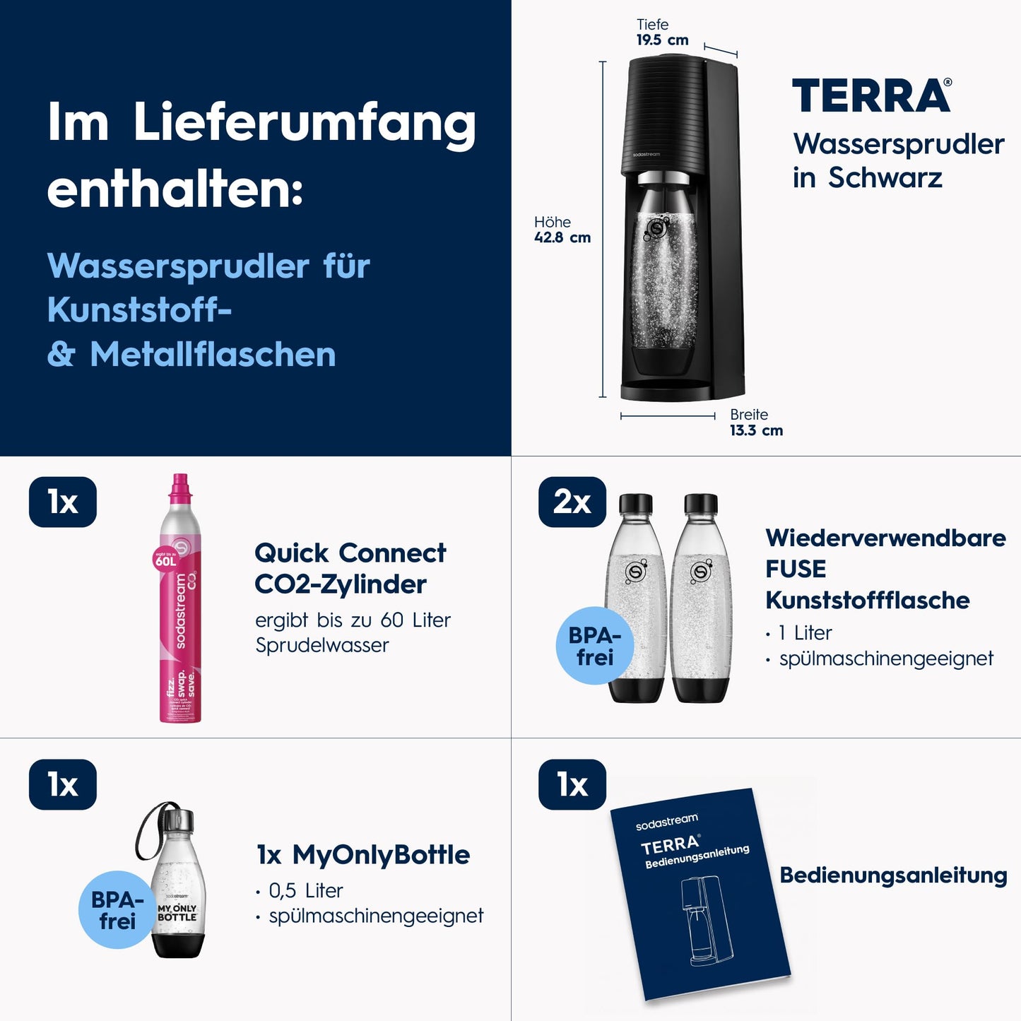 Sodastream TERRA water carbonator, soda stream machine value pack with 1 Quick Connect 60L CO2 cylinder, 2x 1L and 1x 0.5L dishwasher-safe plastic bottles, height 44 cm, black - 1012813491
