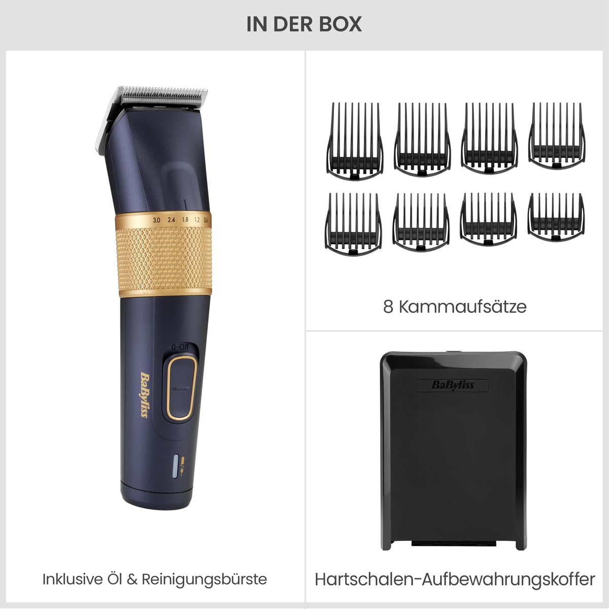 BaByliss Lithium Performance Hair Clipper – Cordless professional performance, 45 length settings (0.6–28 mm), lithium battery, dark blue/gold, E986E