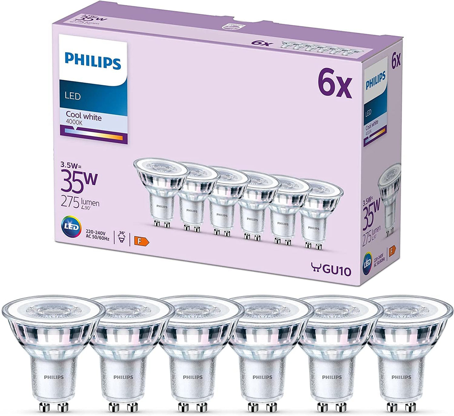 Philips LED lamp replaces 35 W, GU10 reflector, neutral white light (4000K), 275 lumens, pack of 6, cool white - 929001218096