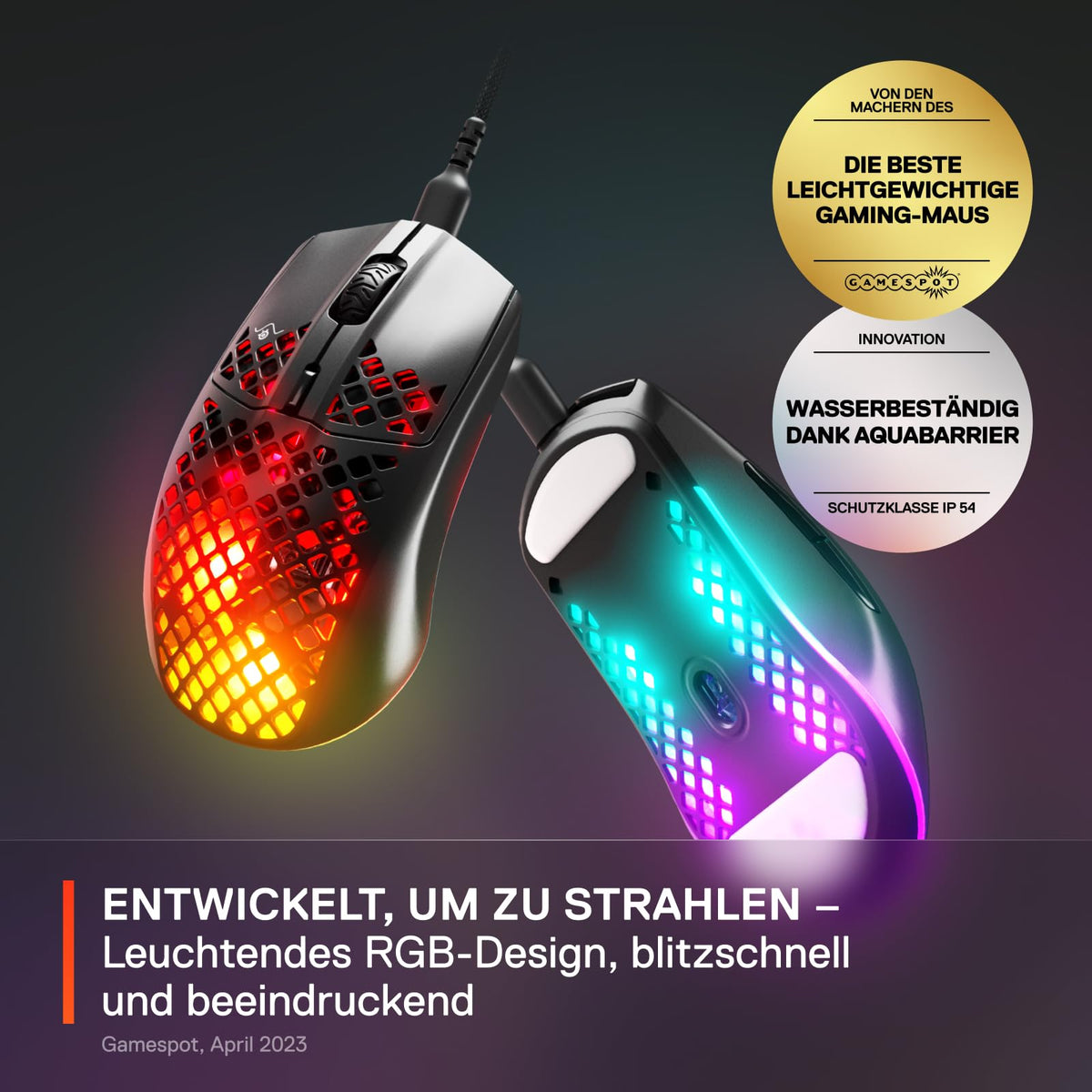 SteelSeries Aerox 3 - Super lightweight gaming mouse - Optical TrueMove Core sensor with 8,500 CPI - Ultra-lightweight, waterproof design - Black - 62611