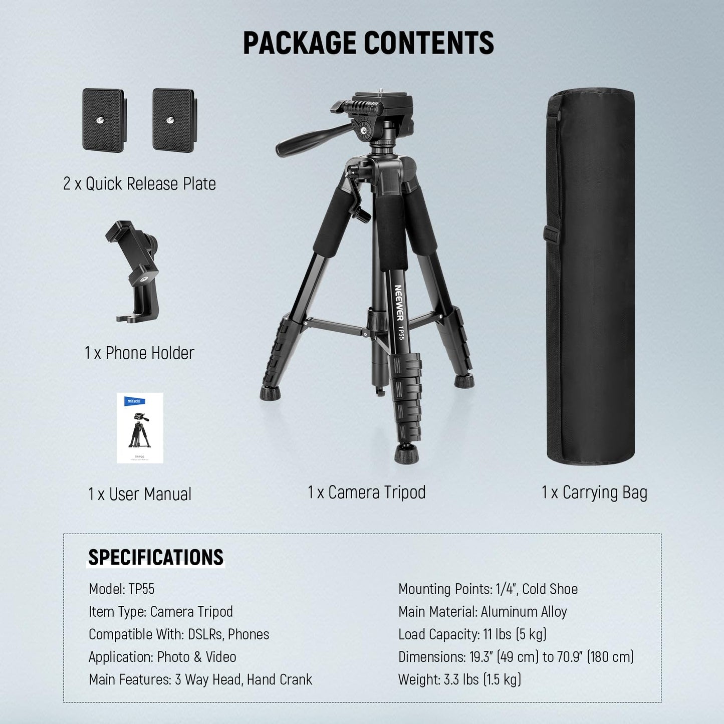 NEEWER Basics Camera Tripod, 71'' Tripod with Mobile Phone Holder, Compatible with iPhone for Video Recording, Professional, Lightweight, Portable Aluminum Travel Tripod with 3-Way Tilt Head, TP55