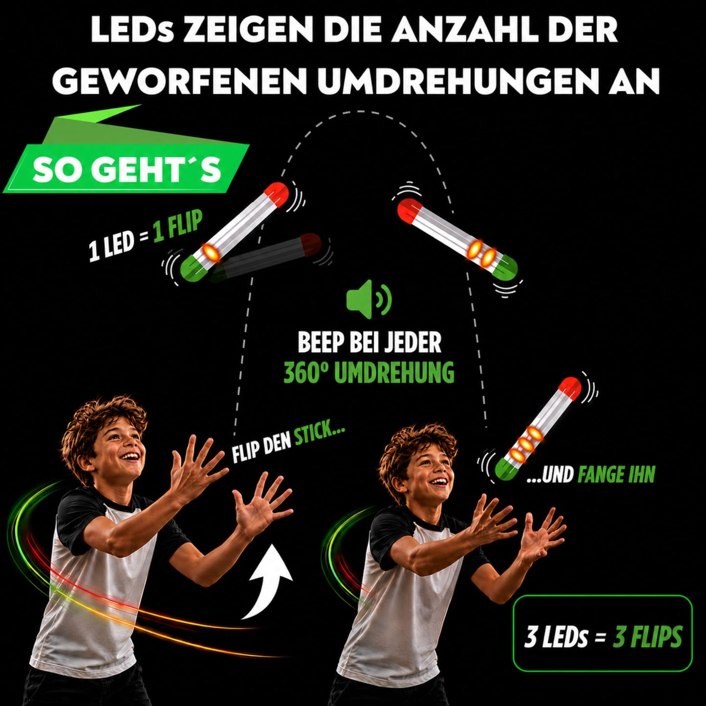 Stickflip How many flips can you throw? | The Self-Counting Flip Challenge | 10 skill games each with high scores | Cool toys for children, teenagers and adults Solo and multiplayer - IP010