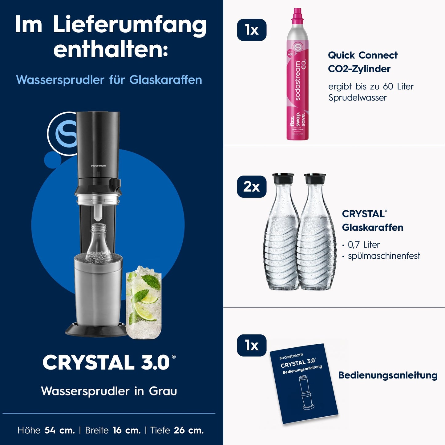 SodaStream Crystal 3.0 Wassersprudler mit Glaskaraffe, Sprudelwasser-Maschine mit Quick-Connect CO2-Zylinder, inkl. 2 spülmaschinenfesten Glaskaraffen je 0,7 L, Grau - 1100462490