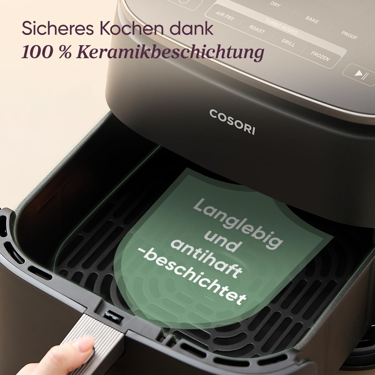 Cosori Turboblaze Airfryer cu acoperire ceramică, friteuză 9 în 1 cu aer cald, coacere, grătar, prăjire, Air Fryer XXL 6L, motor DC silențios cu 5 trepte de ventilator, 87 de rețete - CAF-DC601-KEU