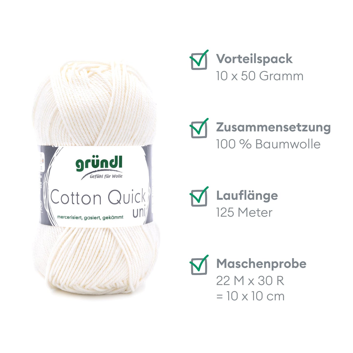 Gründl Wolle Cotton Quick uni - thin wool for crocheting - knitting yarn - crochet yarn - shiny and skin-friendly - 100% cotton - 10 balls 50 g / 125 m - needle size 3-4 - off-white - 865-132